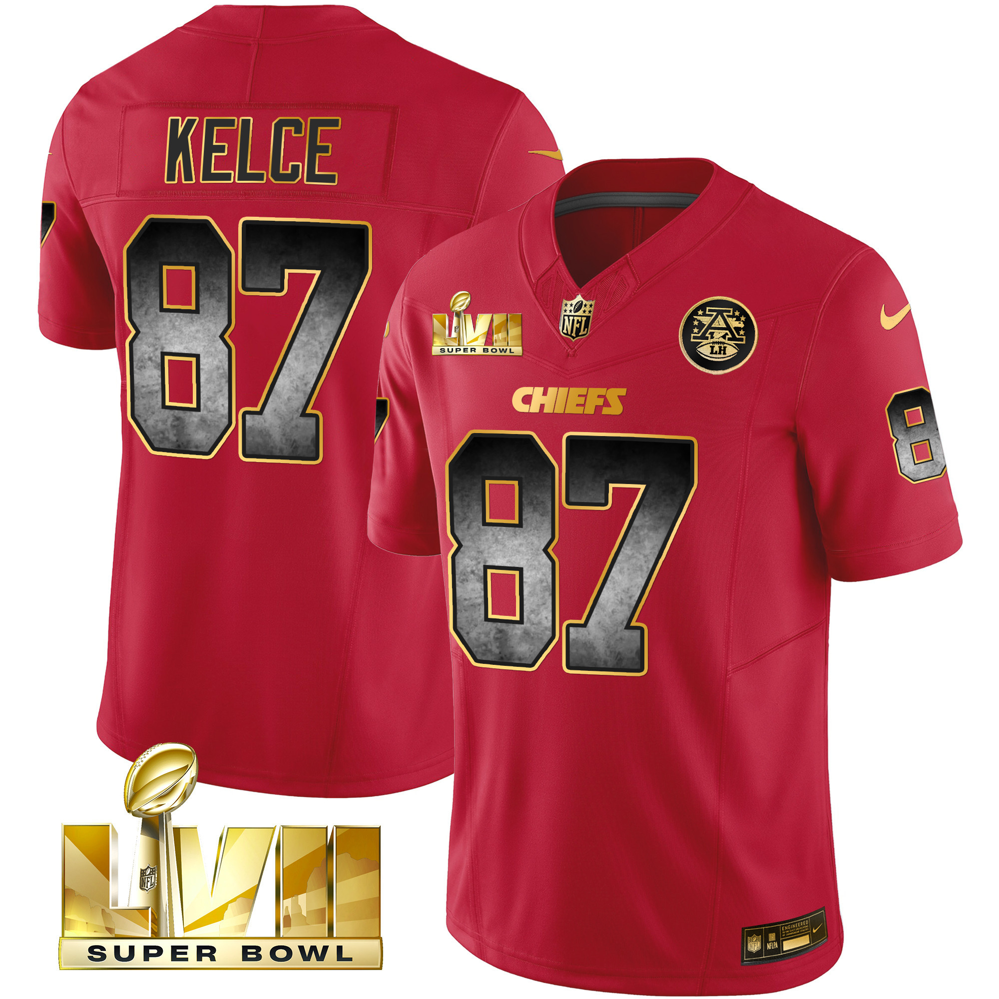 Travis Kelce Men's Kansas City Chiefs Gold Arch Smoke Vapor Red Gold Jersey - All Stitched