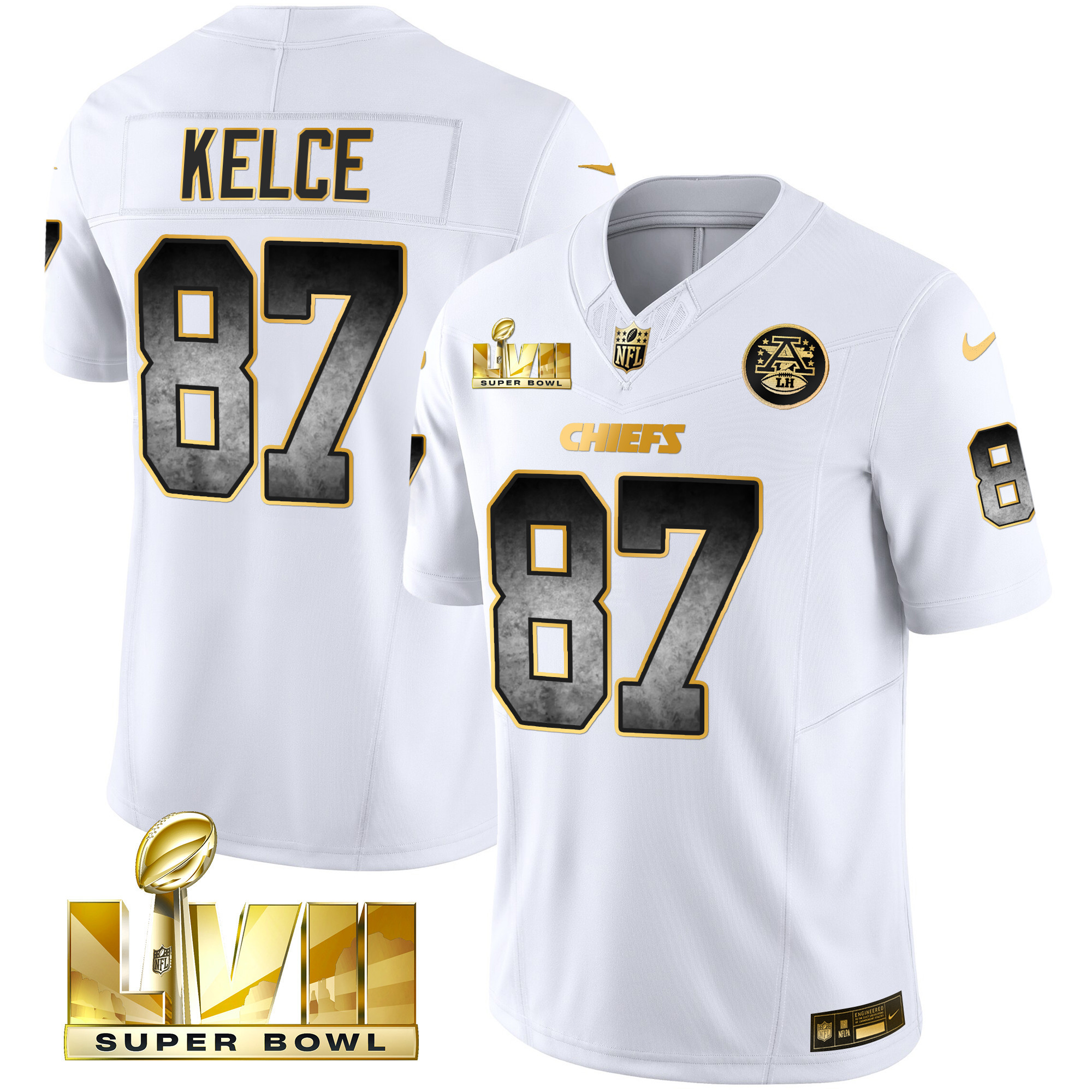 Travis Kelce Men's Kansas City Chiefs Gold Arch Smoke Vapor White Gold Jersey - All Stitched