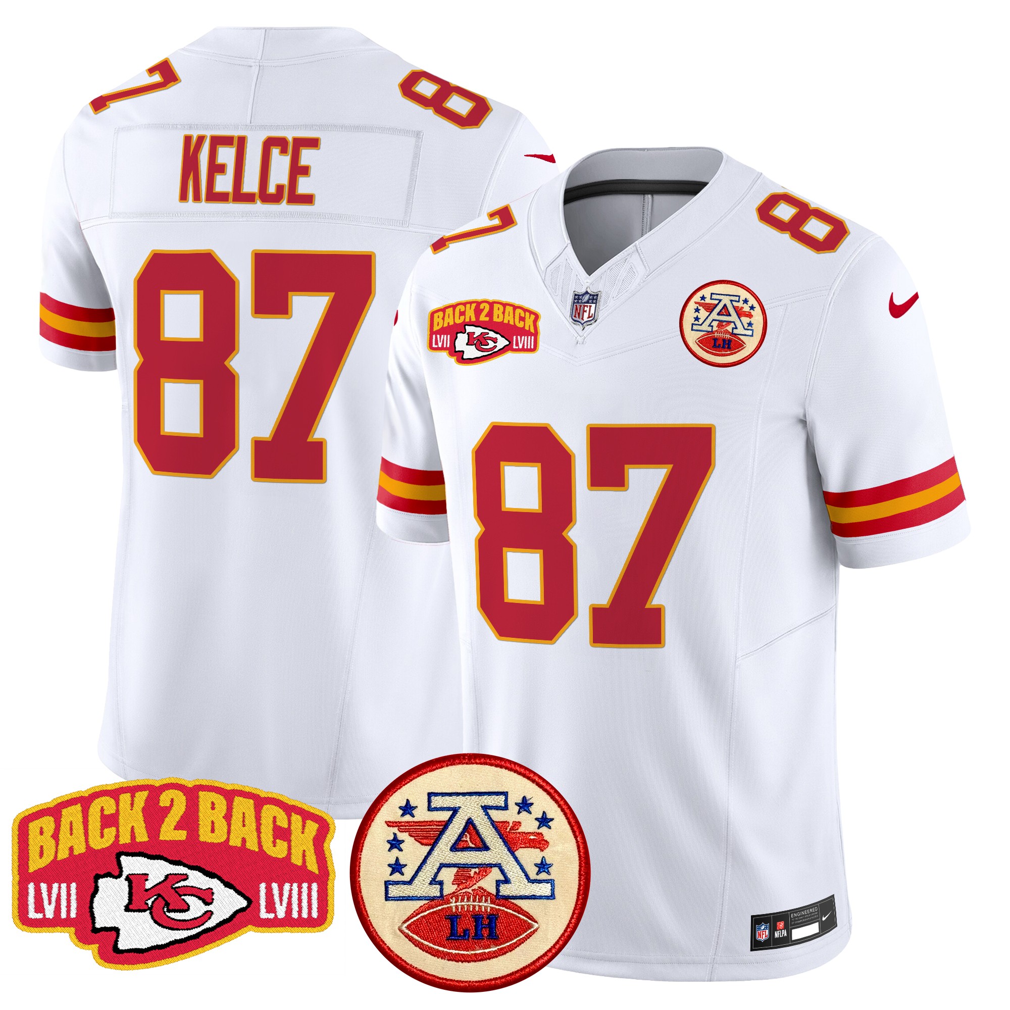 Travis Kelce Men's Kansas City Chiefs Super Back 2 Back Patch Vapor Limited White Jersey - All Stitched