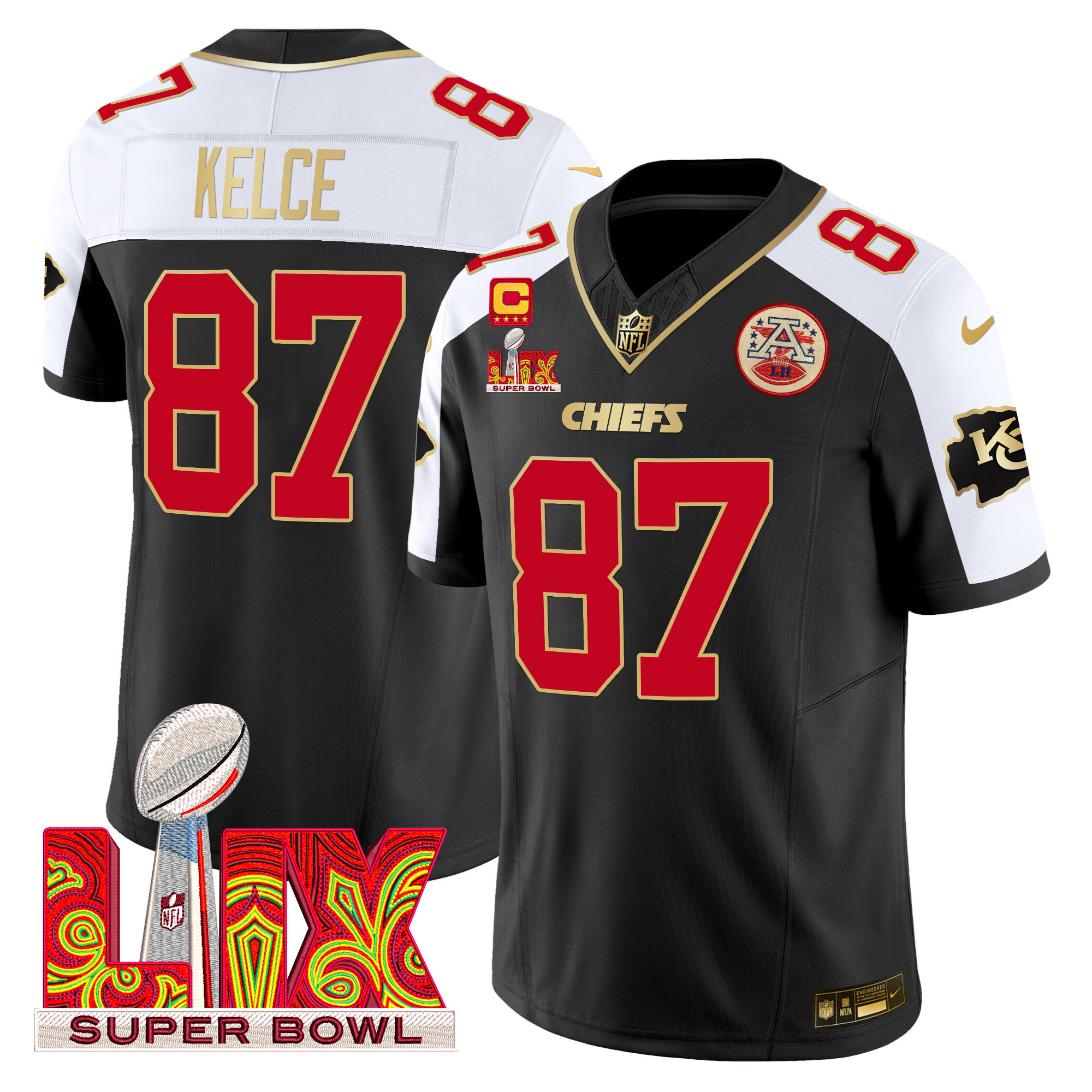 Travis Kelce Men's Kansas City Chiefs Super Bowl LIX Patch Gold Trim Vapor Limited Black Alternate Jersey - All Stitched