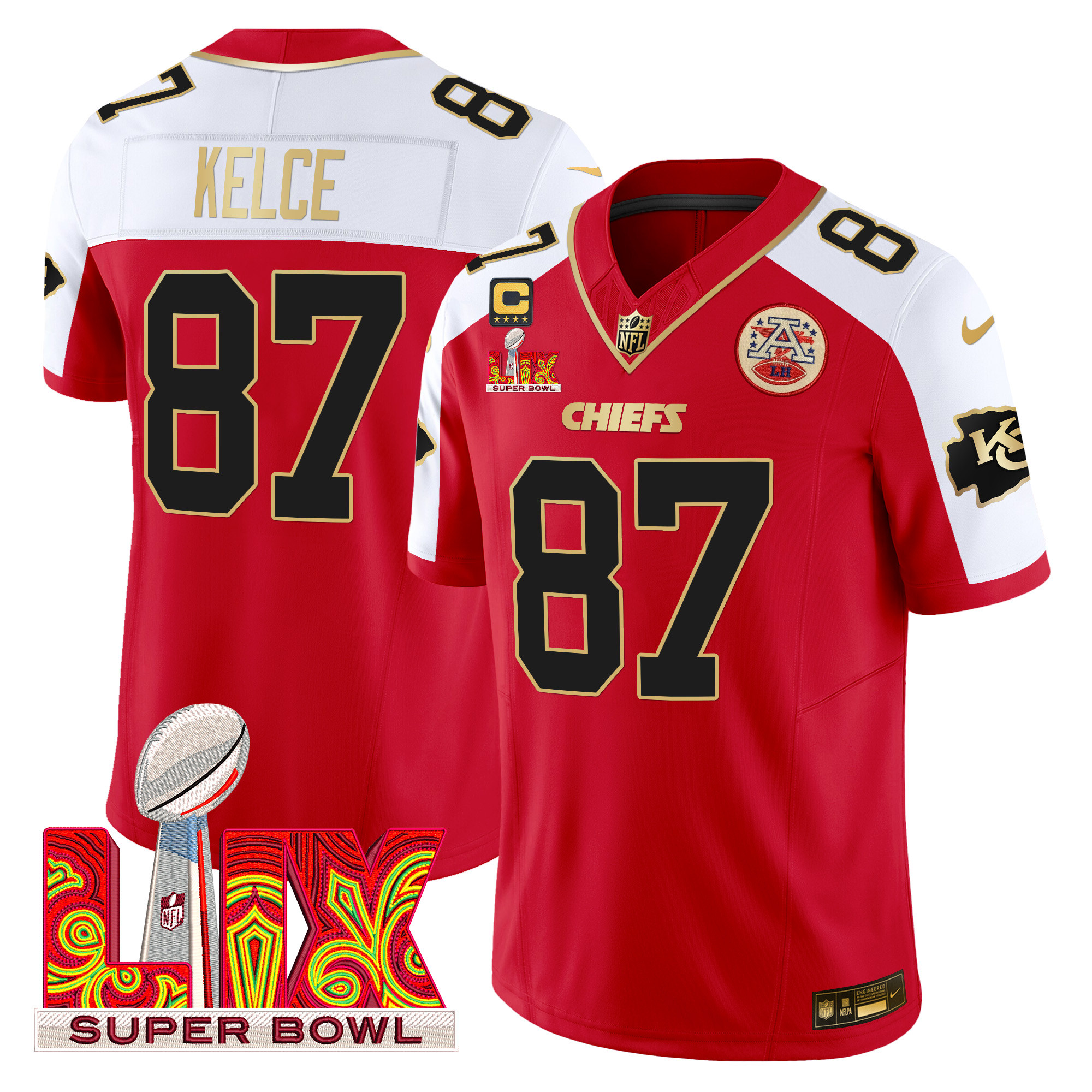 Travis Kelce Men's Kansas City Chiefs Super Bowl LIX Patch Gold Trim Vapor Limited Red Alternate Jersey - All Stitched