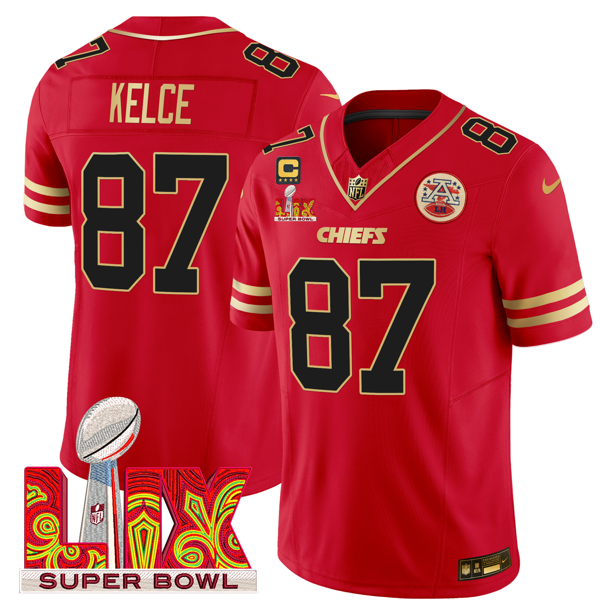 Travis Kelce Men's Kansas City Chiefs Super Bowl LIX Patch Gold Trim Vapor Limited Red Jersey - All Stitched