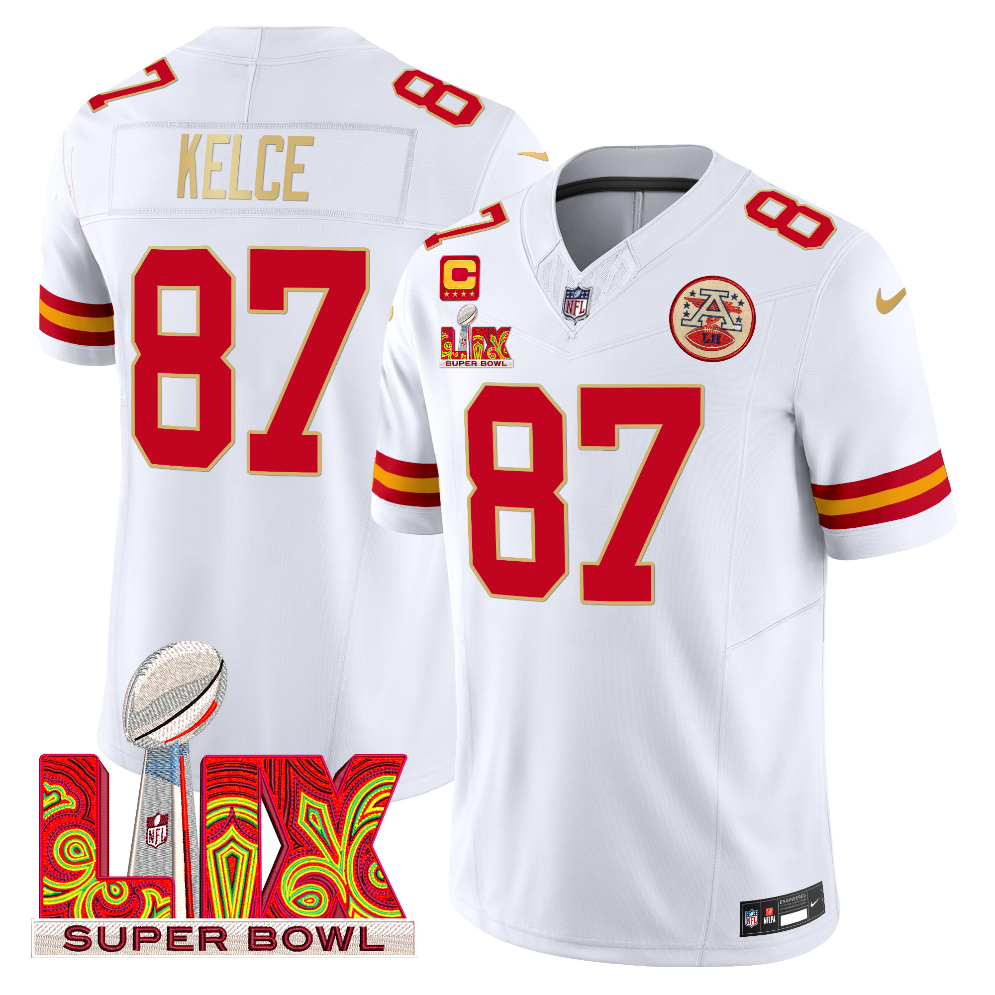 Travis Kelce Men's Kansas City Chiefs Super Bowl LIX Patch Gold Trim Vapor Limited White Jersey - All Stitched
