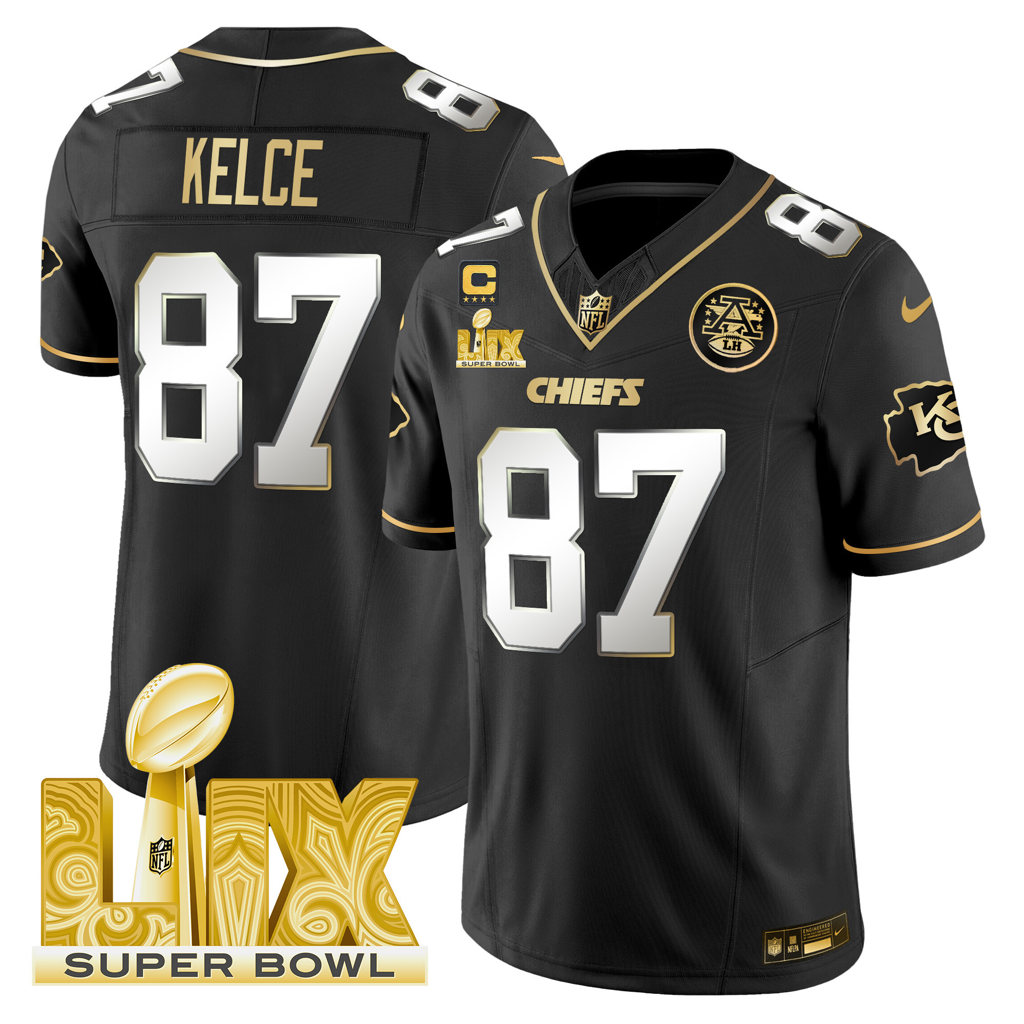 Travis Kelce Men's Kansas City Chiefs Super Bowl LIX Patch Gold Vapor Limited Black Limited Jersey - All Stitched