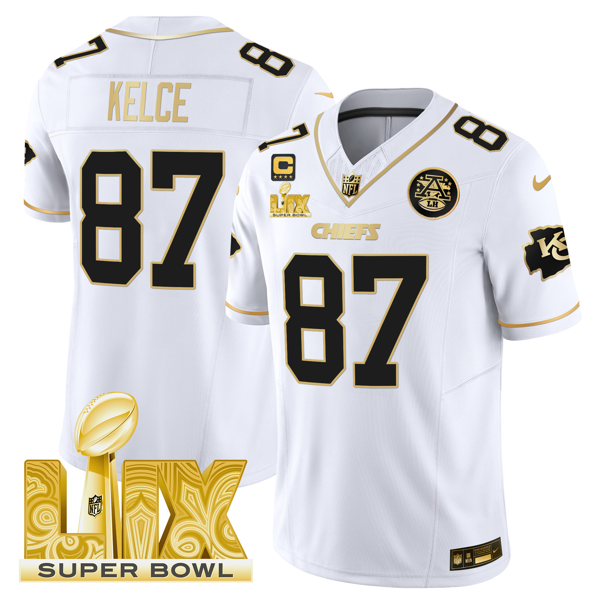 Travis Kelce Men's Kansas City Chiefs Super Bowl LIX Patch Gold Vapor Limited White Gold Jersey - All Stitched