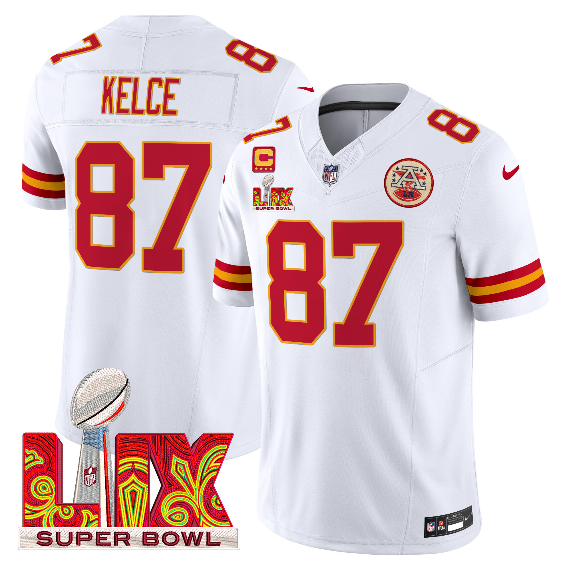 Travis Kelce Men's Kansas City Chiefs Super Bowl LIX Patch Vapor Limited White Jersey - All Stitched