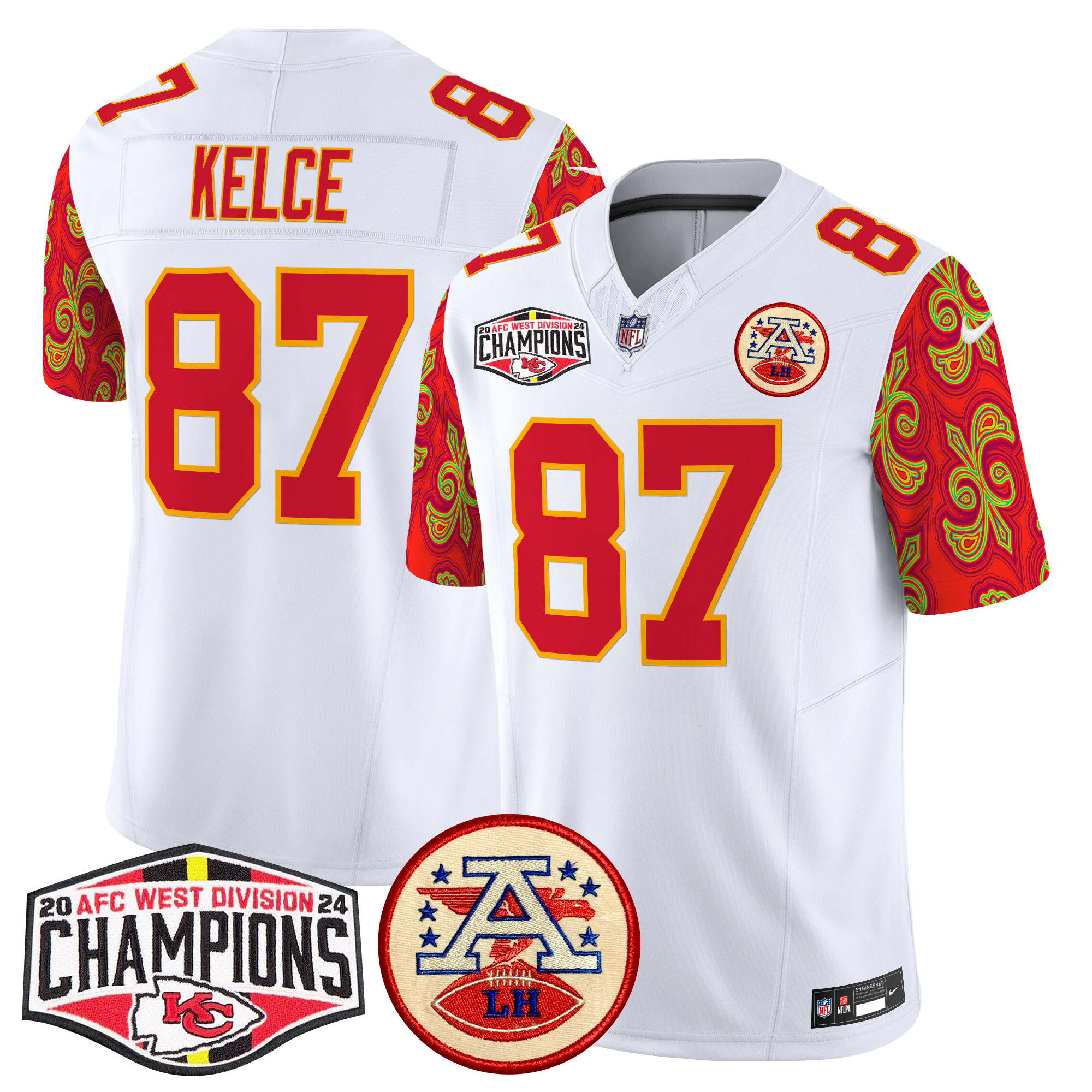 Travis Kelce Men's Kansas City Chiefs Super Bowl LIX Style 2024 AFC West Division Champions Patch Vapor Limited White Jersey - All Stitched