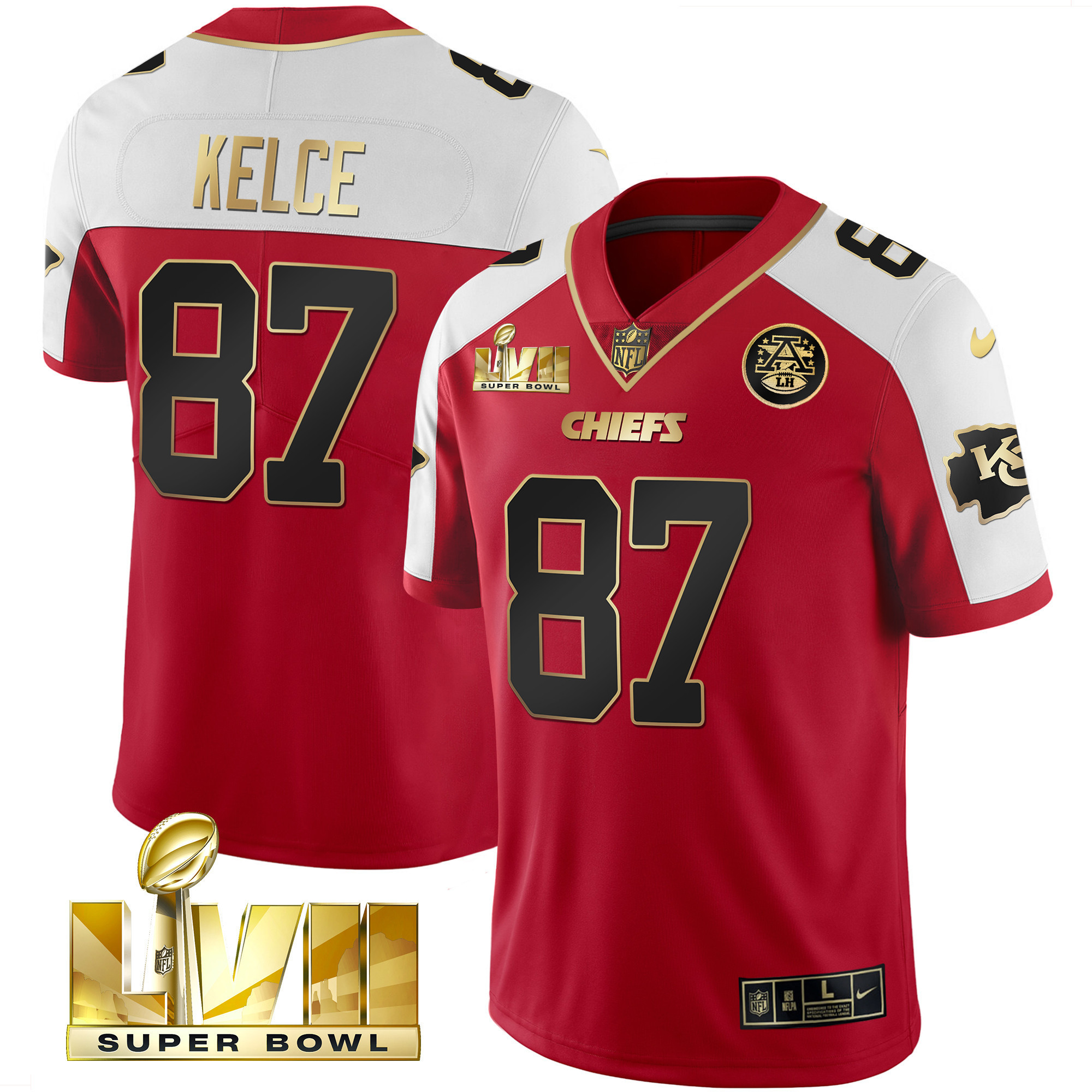 Travis Kelce Men's Kansas City Chiefs Super Bowl LVII Gold Trim Vapor Red Alternate Jersey - All Stitched