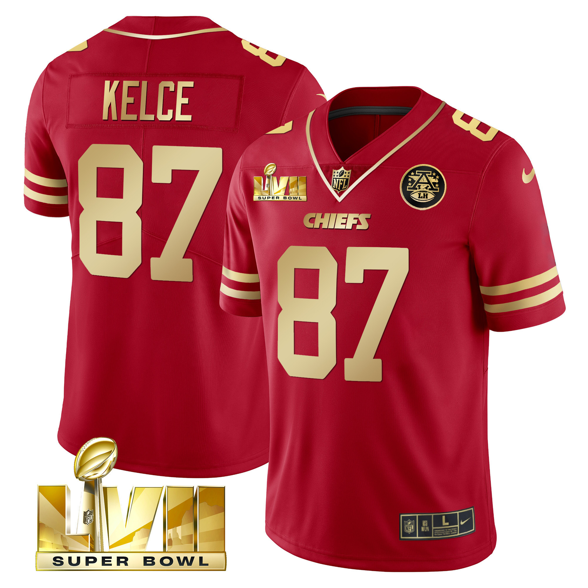 Travis Kelce Men's Kansas City Chiefs Super Bowl LVII Gold Trim Vapor Red Gold Jersey - All Stitched