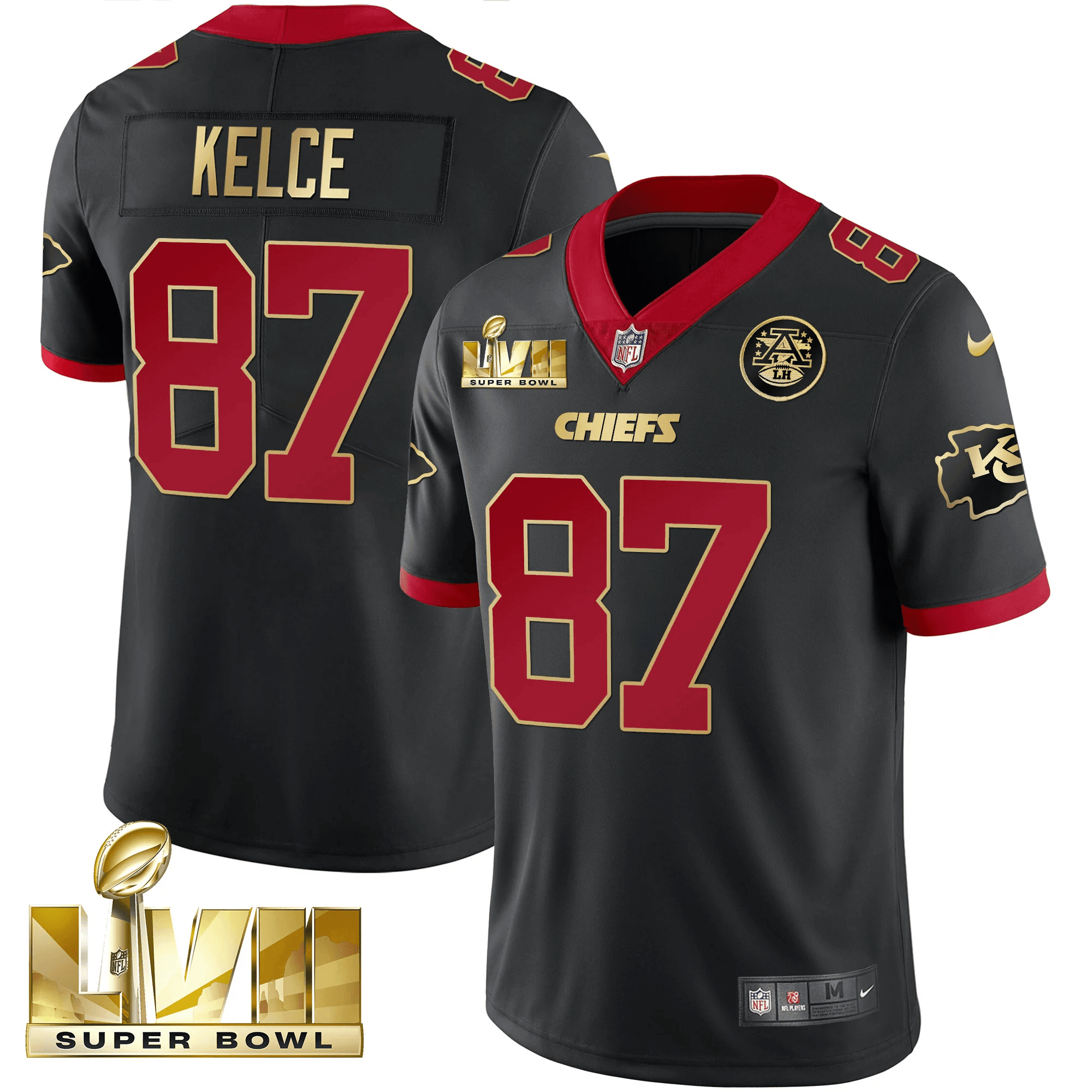 Travis Kelce Men's Kansas City Chiefs Super Bowl LVII Gold Trim Vapor V2 Black Jersey - All Stitched
