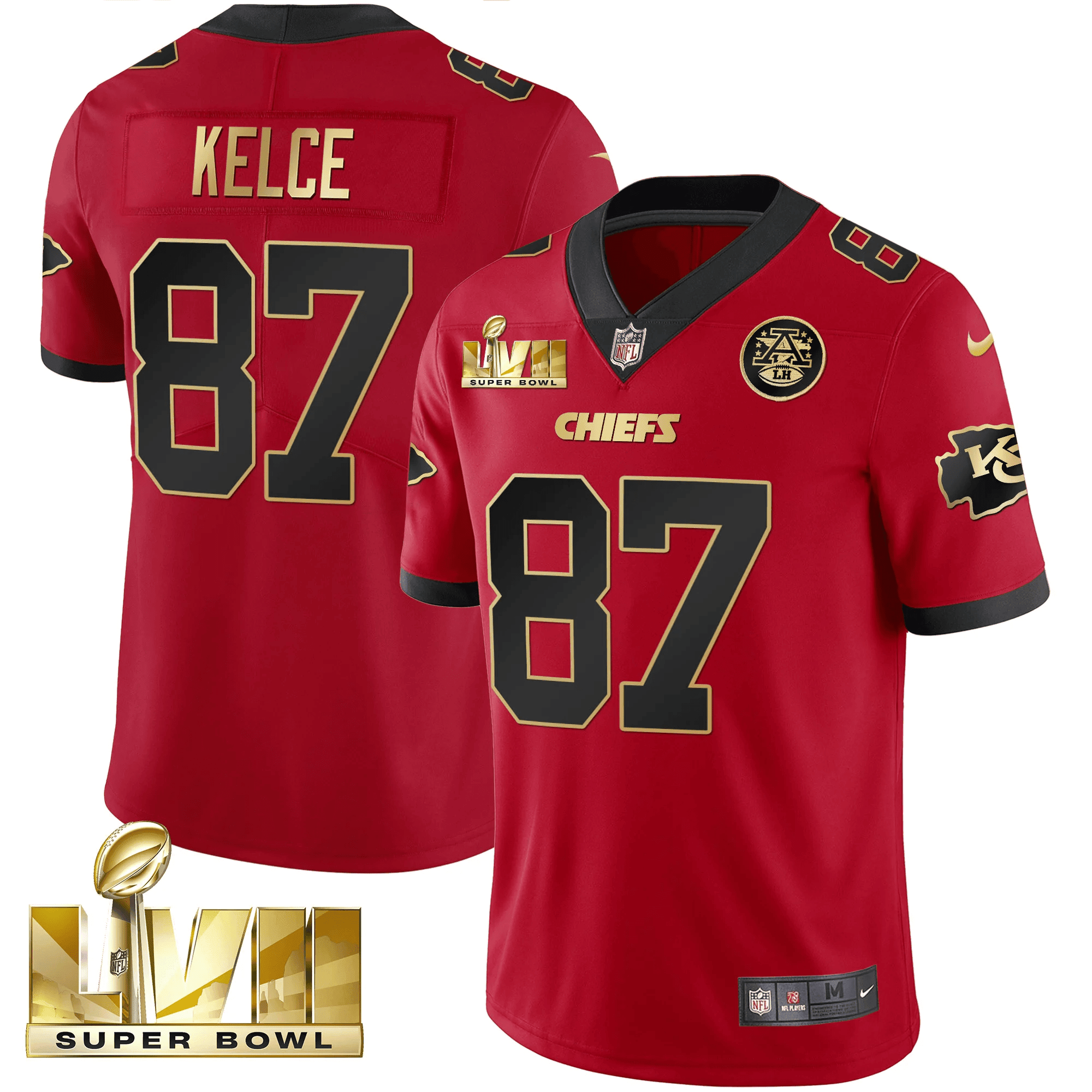 Travis Kelce Men's Kansas City Chiefs Super Bowl LVII Gold Trim Vapor V2 Red Jersey - All Stitched