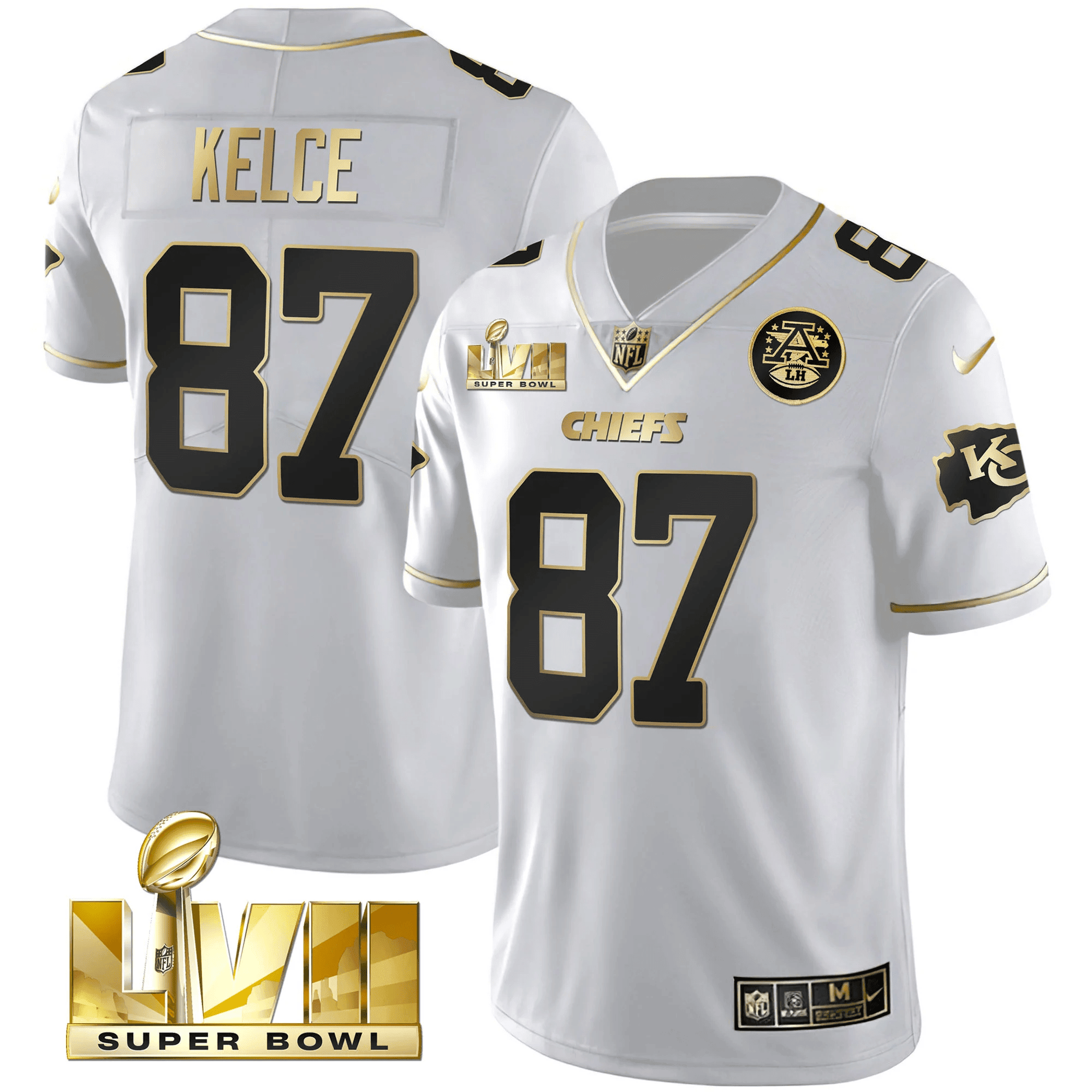 Travis Kelce Men's Kansas City Chiefs Super Bowl LVII Gold Trim Vapor V2 White Gold Jersey - All Stitched