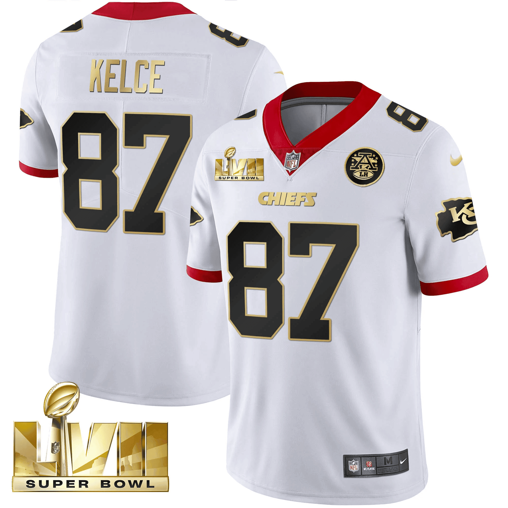 Travis Kelce Men's Kansas City Chiefs Super Bowl LVII Gold Trim Vapor V2 White Jersey - All Stitched