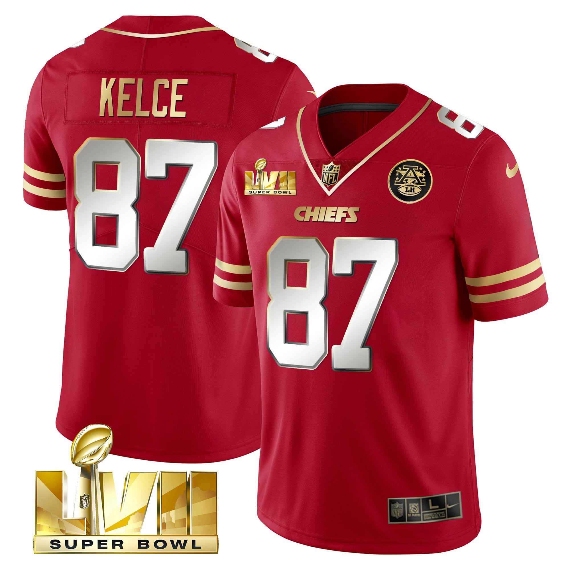 Travis Kelce Men's Kansas City Chiefs Super Bowl LVII Gold Vapor Limited Black Red Jersey - All Stitched