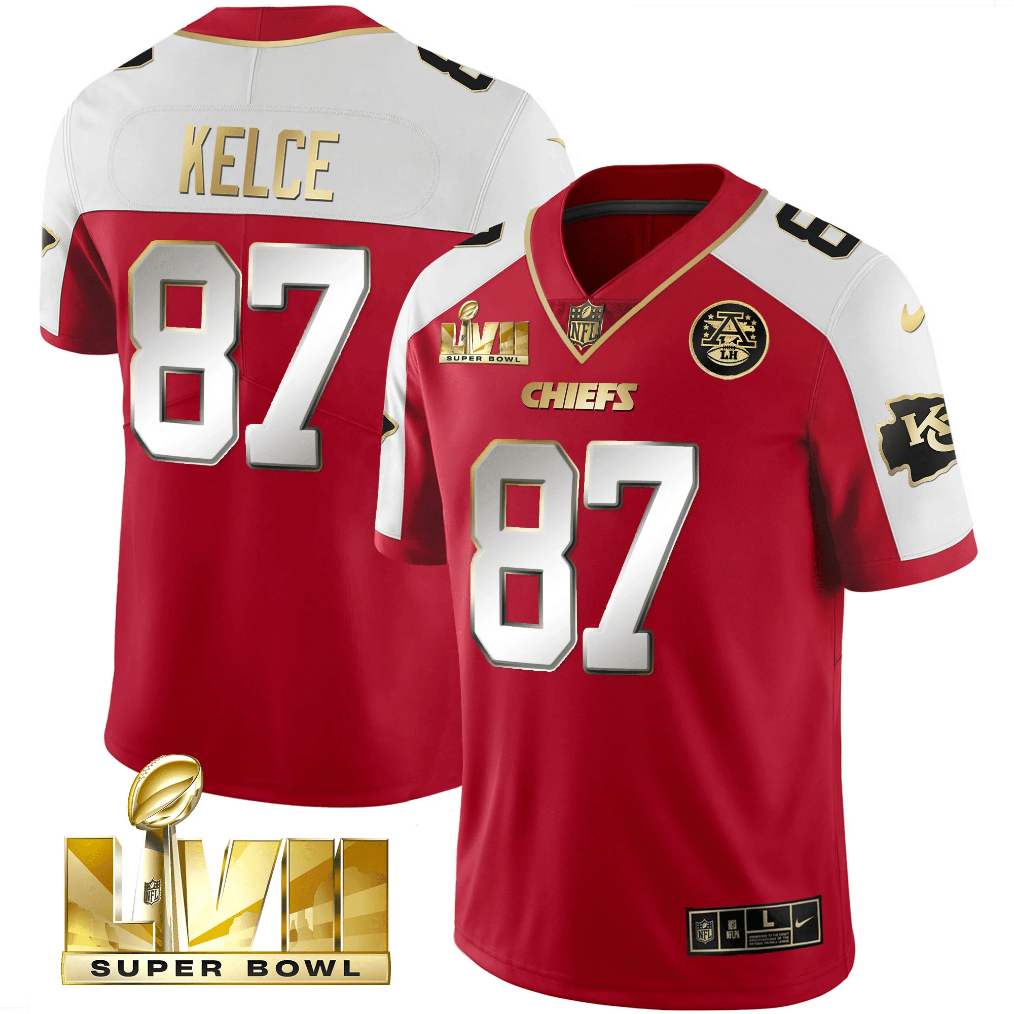 Travis Kelce Men's Kansas City Chiefs Super Bowl LVII Gold Vapor Limited Red Alternate Jersey - All Stitched