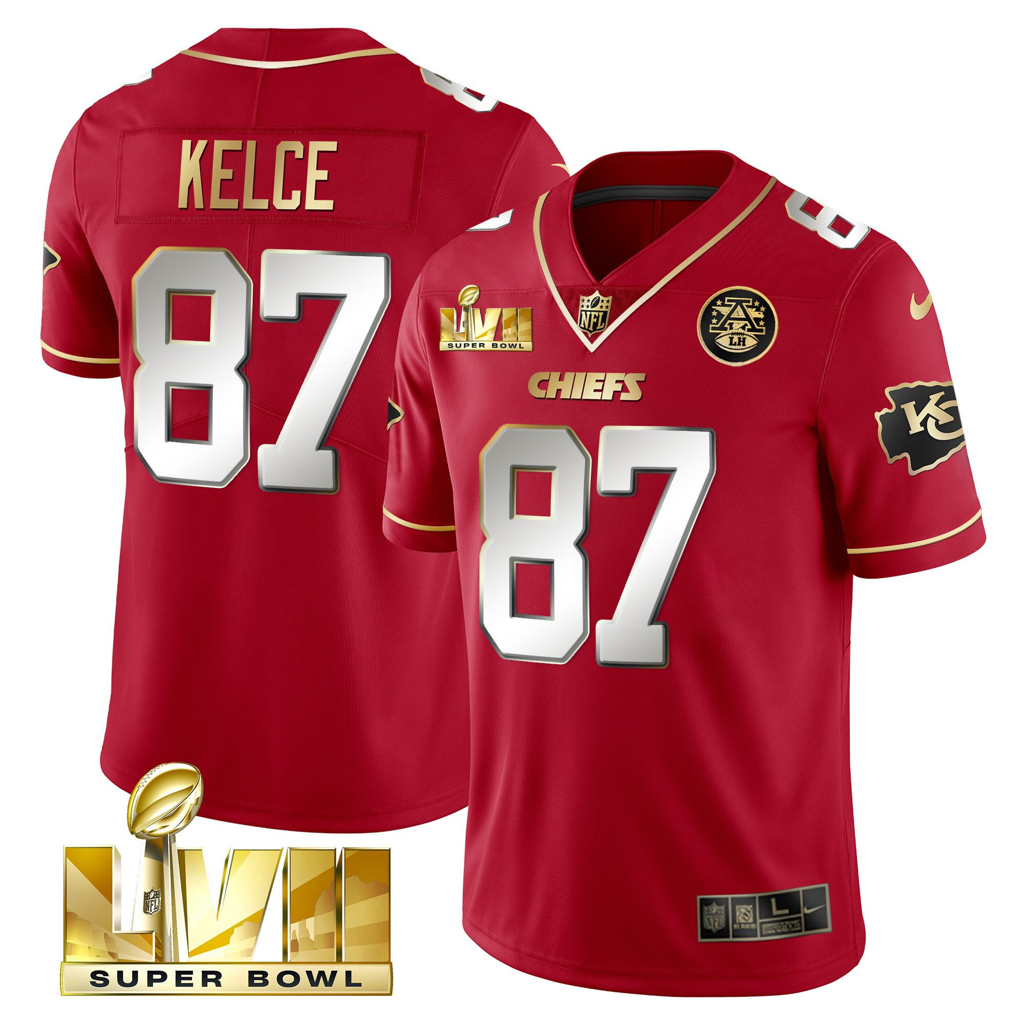 Travis Kelce Men's Kansas City Chiefs Super Bowl LVII Gold Vapor Limited Red Special Jersey - All Stitched