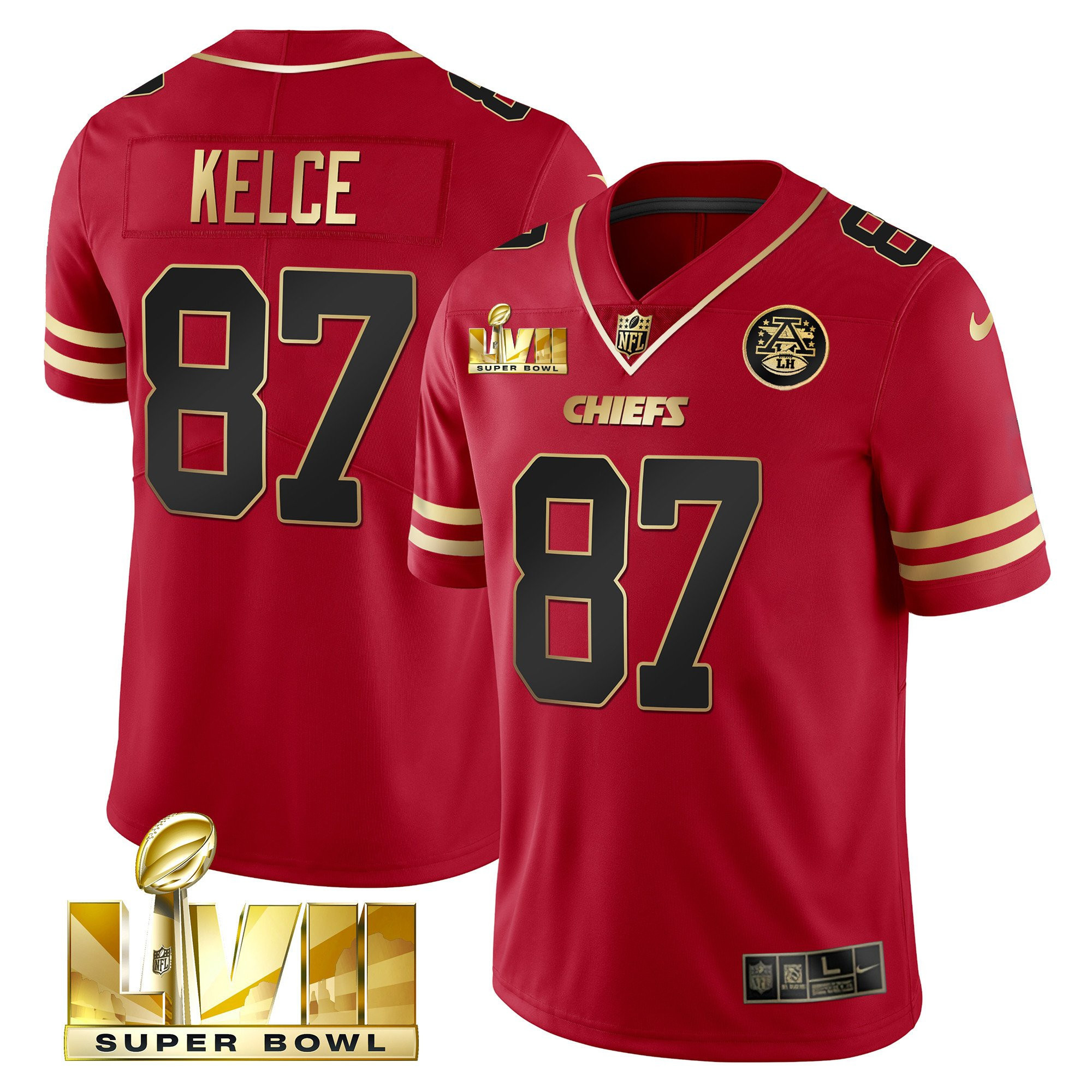Travis Kelce Men's Kansas City Chiefs Super Bowl LVII Red Gold Vapor Black Red Jersey - All Stitched