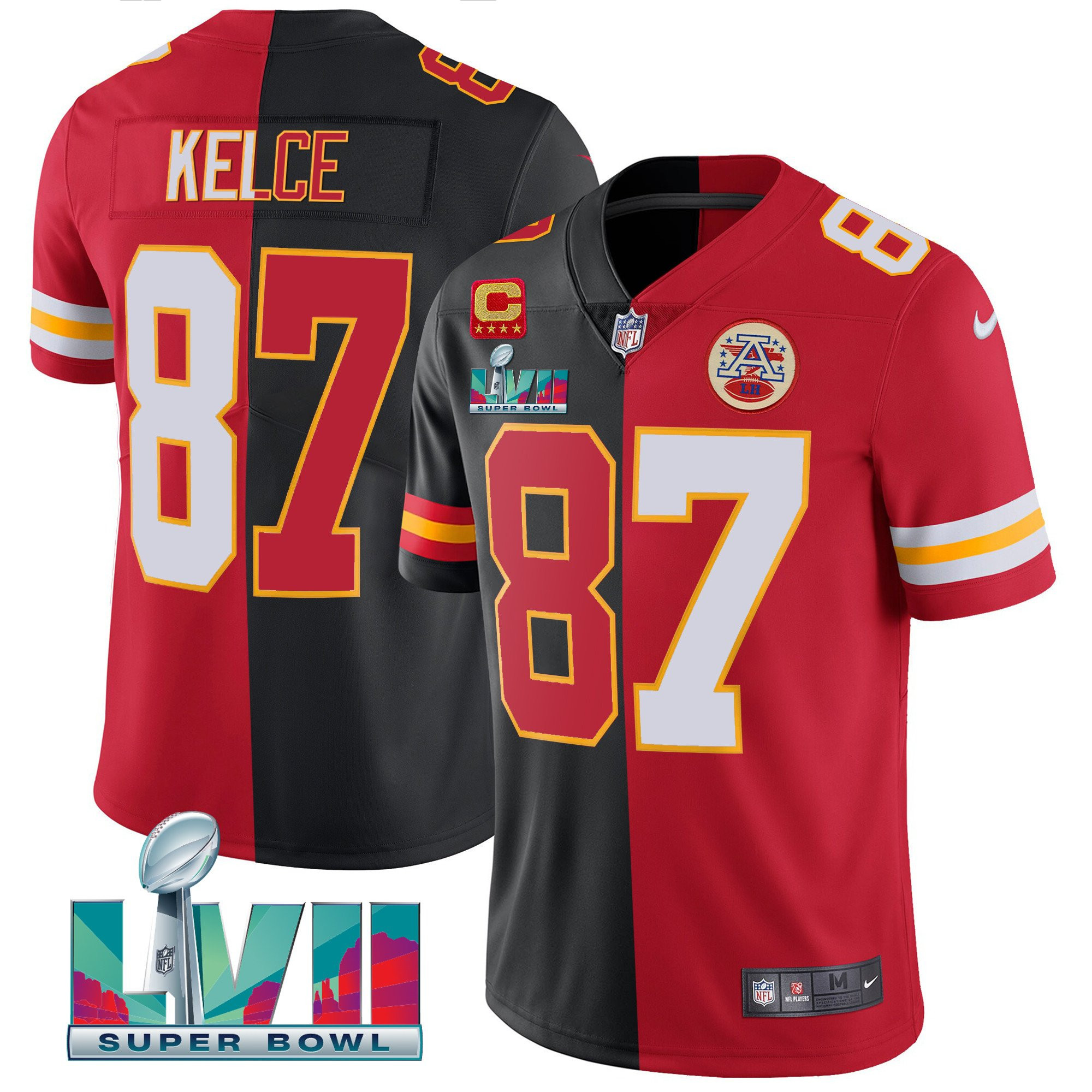 Travis Kelce Men's Kansas City Chiefs Super Bowl LVII Vapor Player Split Red-Black Jersey - All Stitched