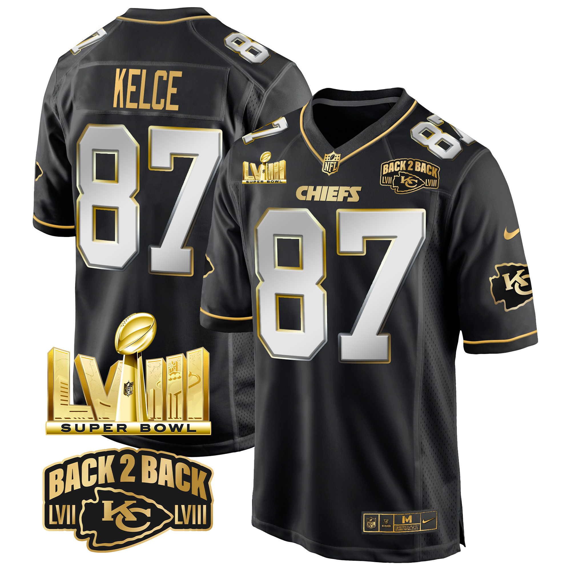 Travis Kelce Men's Kansas City Chiefs Super Bowl LVIII & Back 2 Back Gold Game Black Limited Jersey - All Stitched