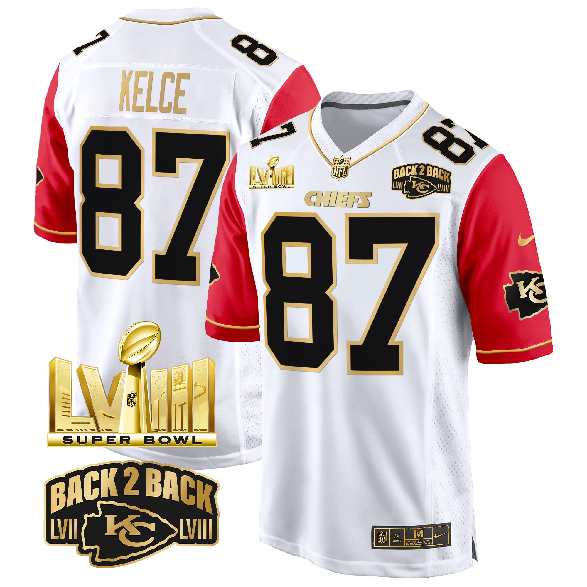 Travis Kelce Men's Kansas City Chiefs Super Bowl LVIII & Back 2 Back Gold Game Color Sleeves Jersey - All Stitched