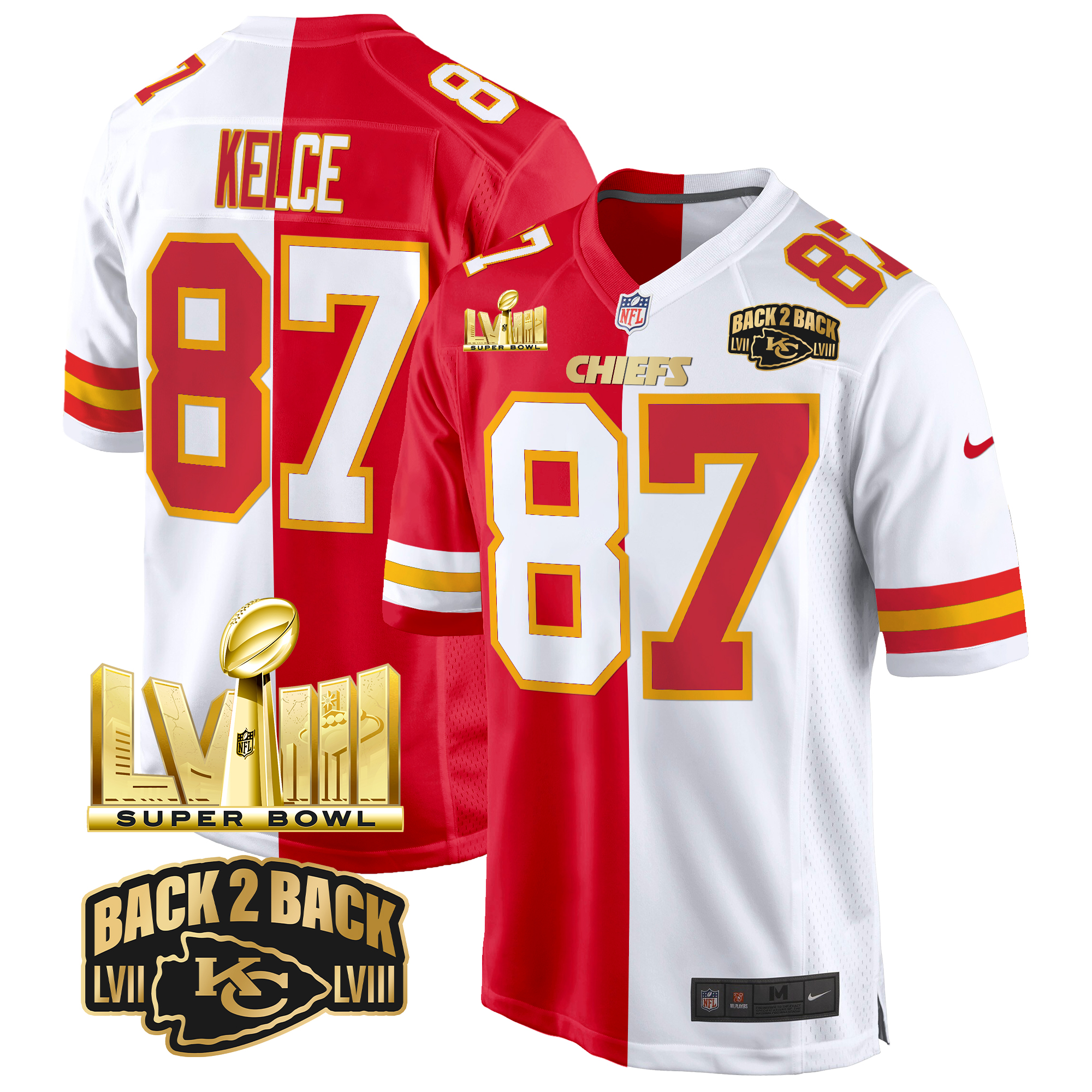 Travis Kelce Men's Kansas City Chiefs Super Bowl LVIII & Back 2 Back Gold Game Split Jersey - All Stitched