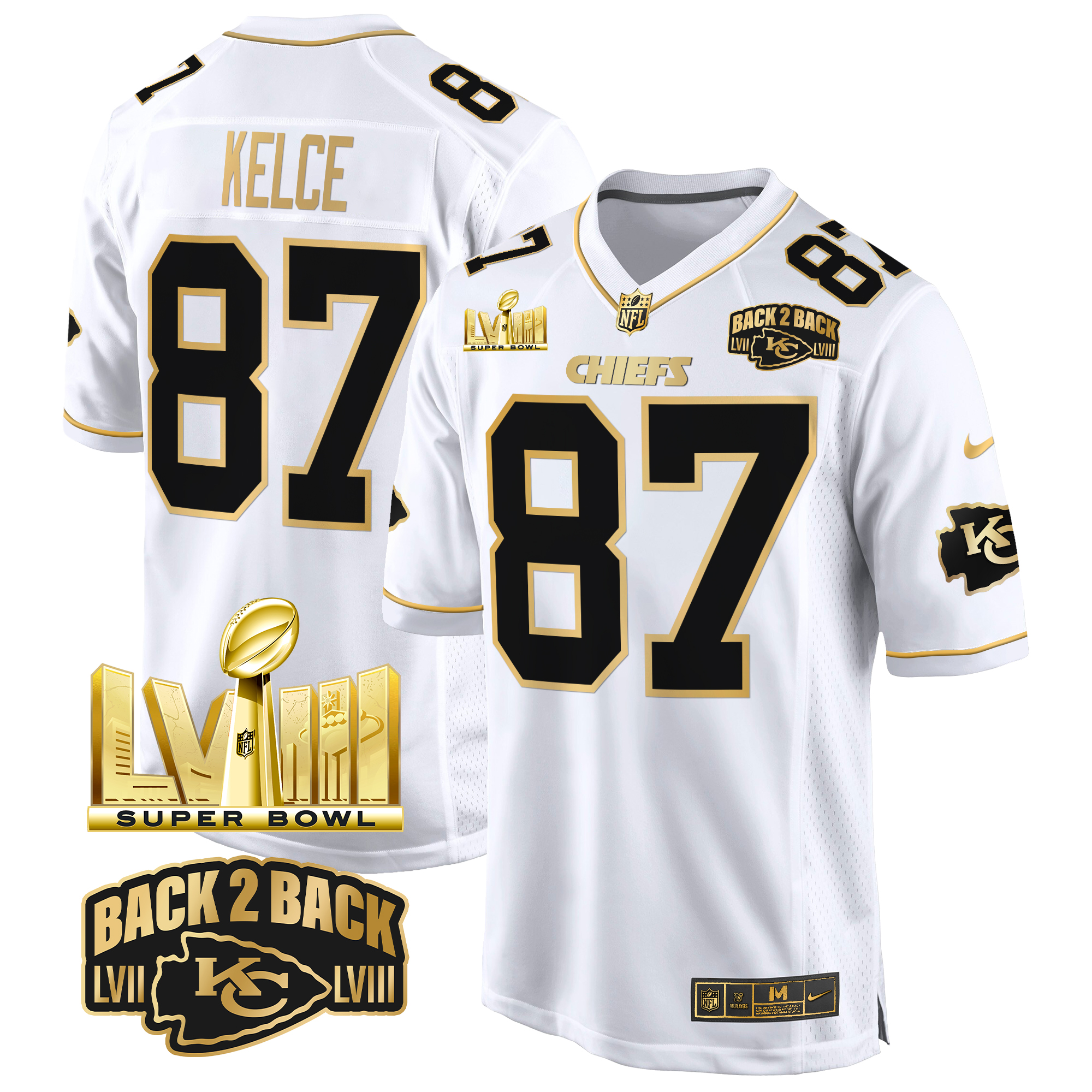 Travis Kelce Men's Kansas City Chiefs Super Bowl LVIII & Back 2 Back Gold Game White Gold Jersey - All Stitched