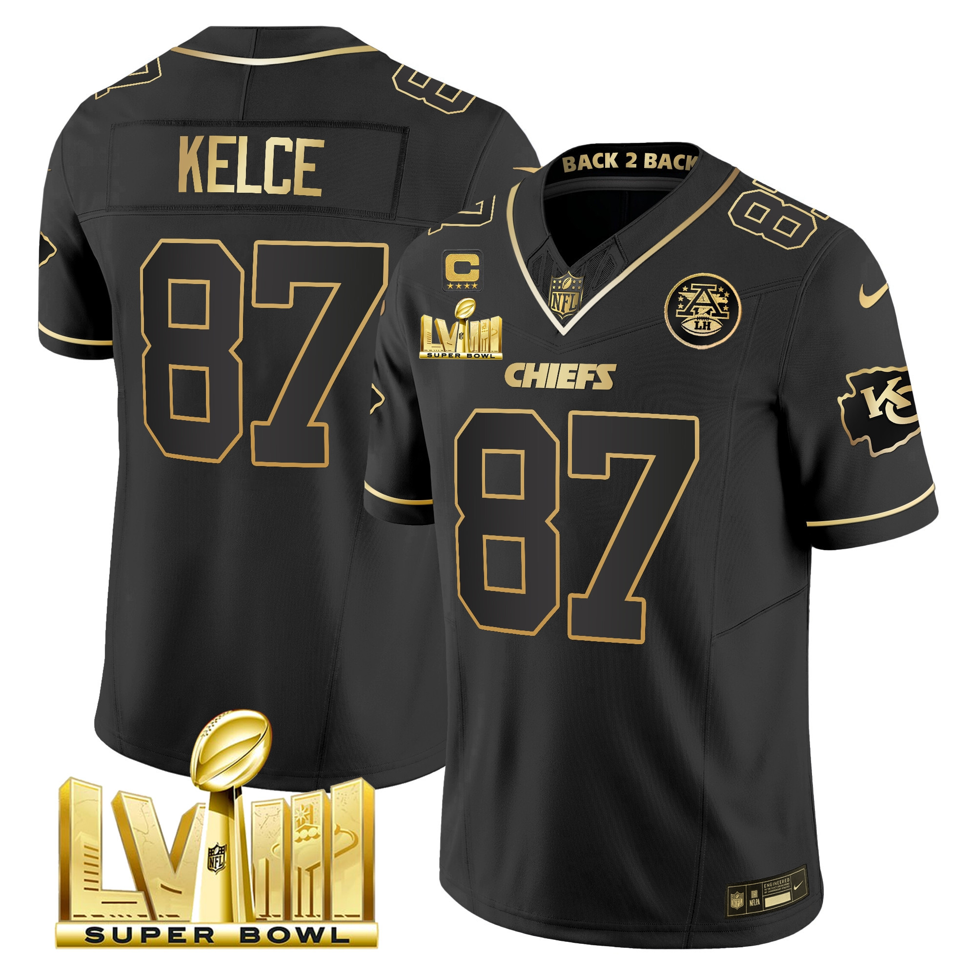 Travis Kelce Men's Kansas City Chiefs Super Bowl LVIII & Back 2 Back Gold Patch Vapor Black Gold Jersey - All Stitched