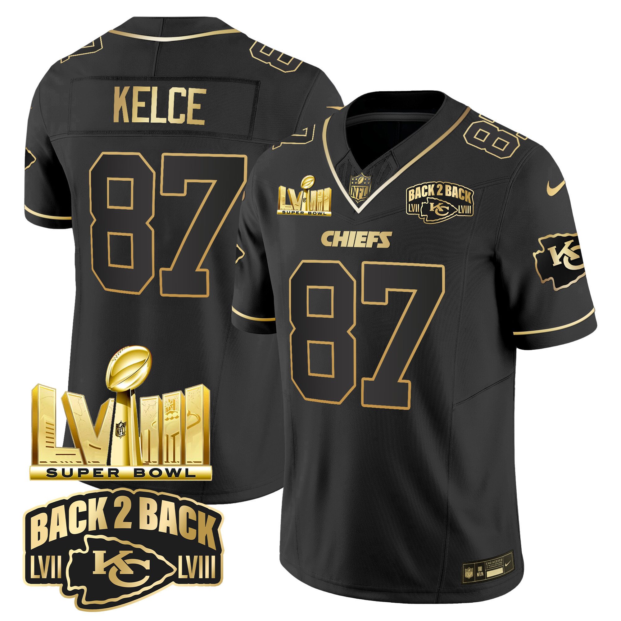 Travis Kelce Men's Kansas City Chiefs Super Bowl LVIII & Back 2 Back Gold Patch Vapor Black Gold Jersey - All Stitched