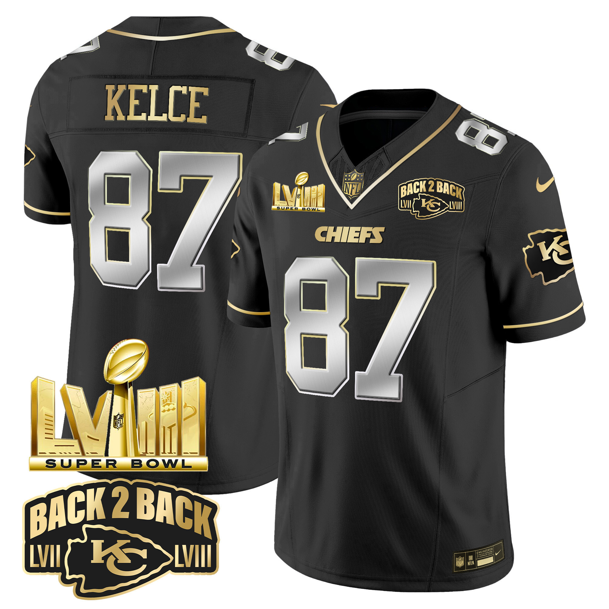 Travis Kelce Men's Kansas City Chiefs Super Bowl LVIII & Back 2 Back Gold Patch Vapor Black Limited Jersey - All Stitched