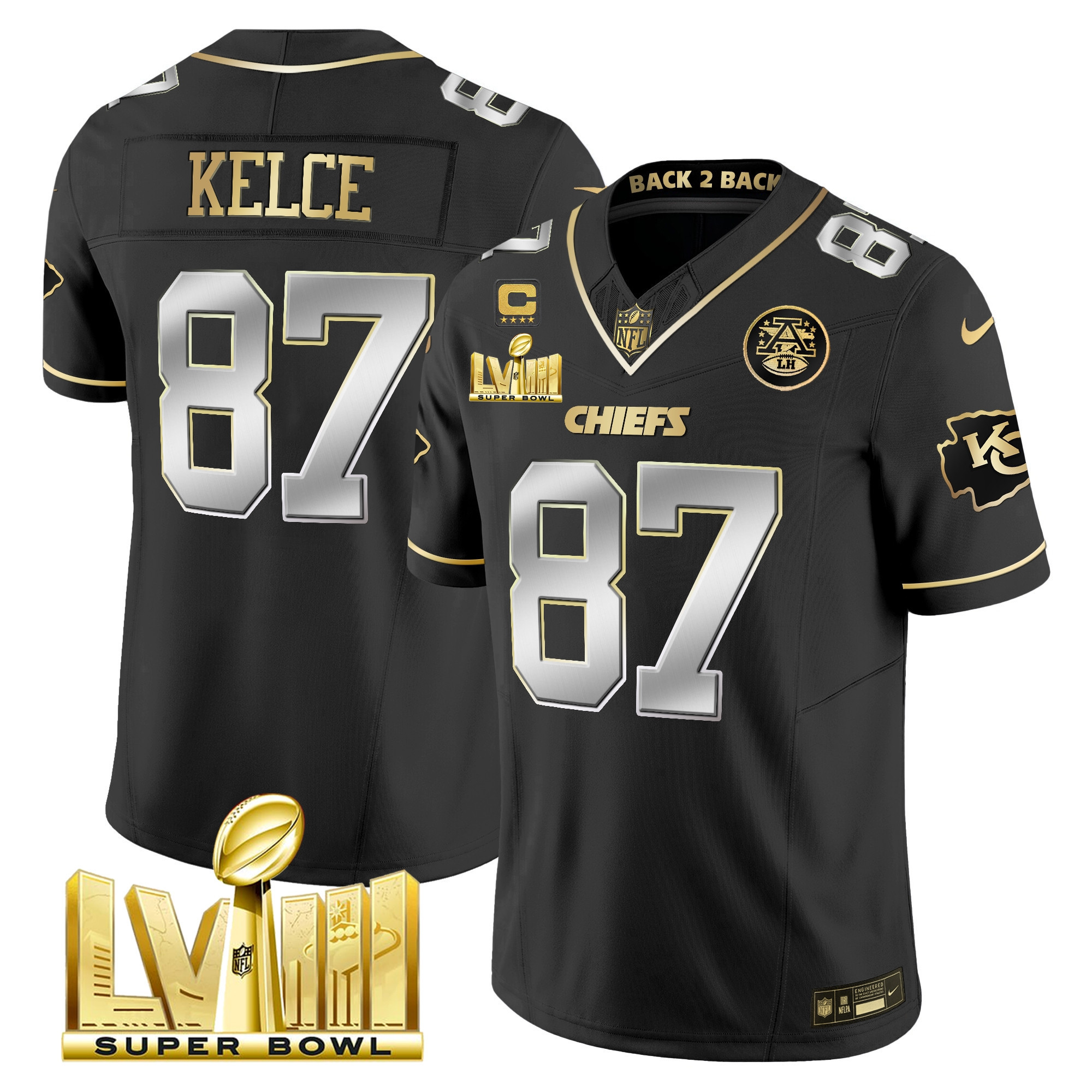 Travis Kelce Men's Kansas City Chiefs Super Bowl LVIII & Back 2 Back Gold Patch Vapor Black Limited Jersey - All Stitched
