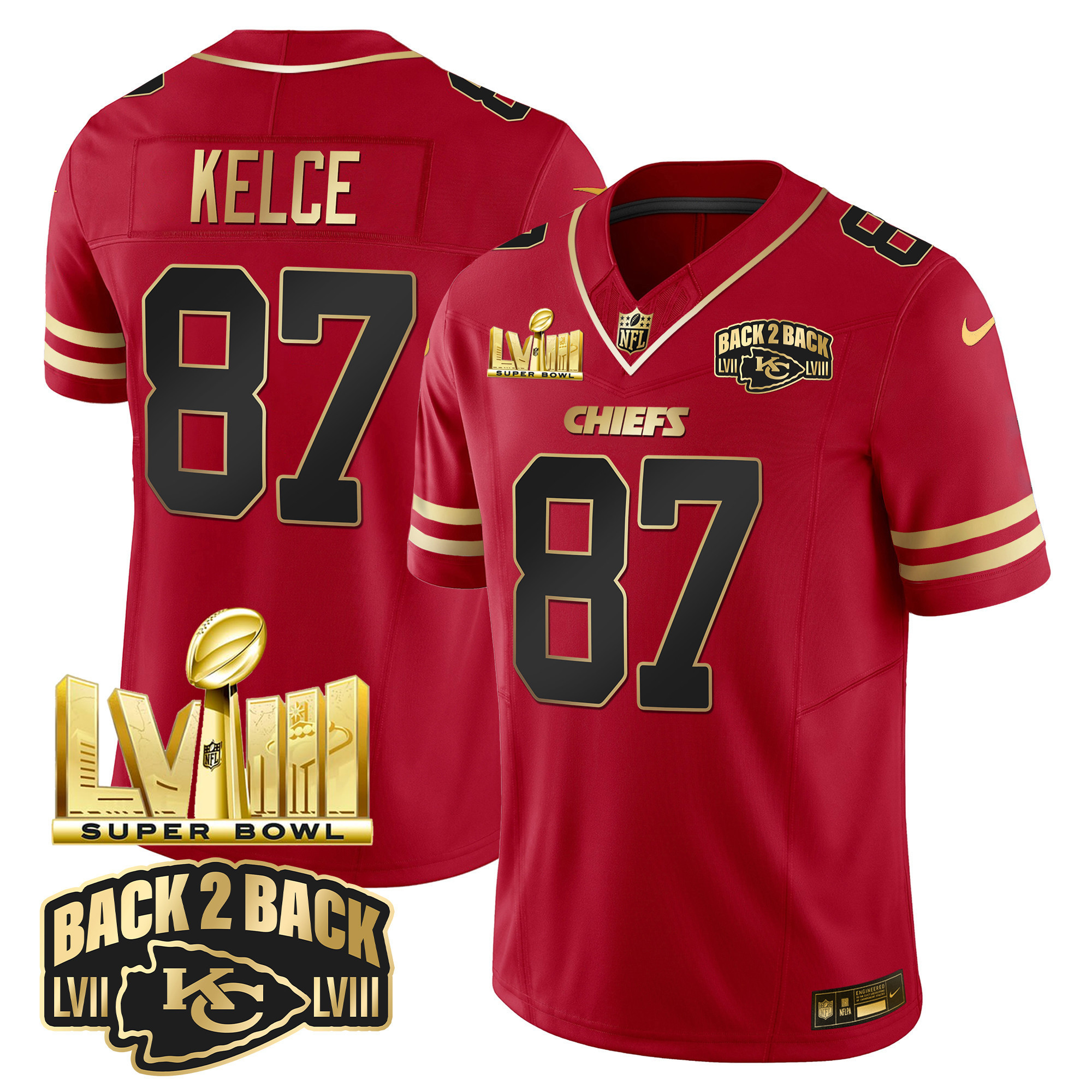 Travis Kelce Men's Kansas City Chiefs Super Bowl LVIII & Back 2 Back Gold Patch Vapor Black Red Jersey - All Stitched
