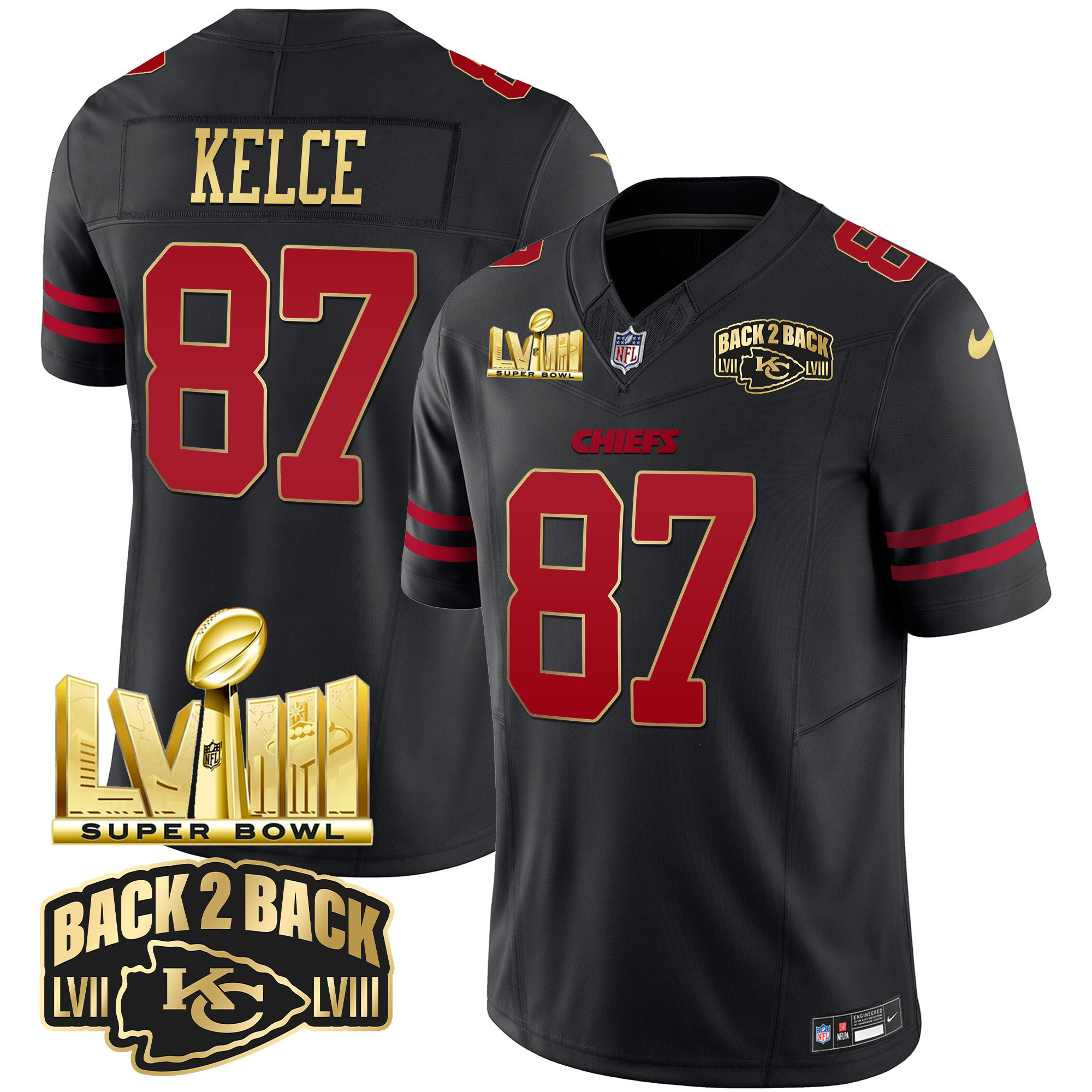 Travis Kelce Men's Kansas City Chiefs Super Bowl LVIII & Back 2 Back Gold Patch Vapor Gold Trim Jersey - All Stitched