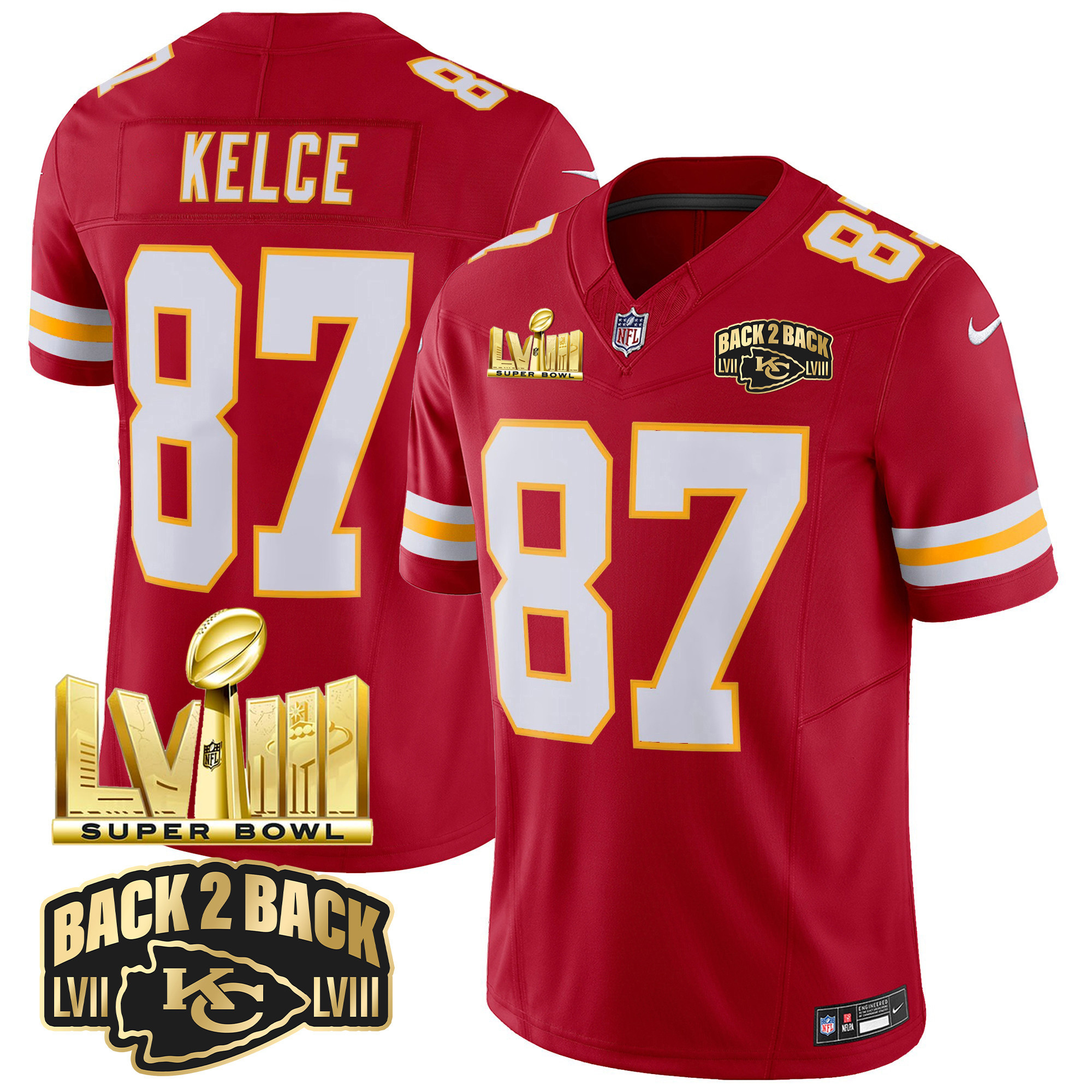 Travis Kelce Men's Kansas City Chiefs Super Bowl LVIII & Back 2 Back Gold Patch Vapor Red Jersey - All Stitched