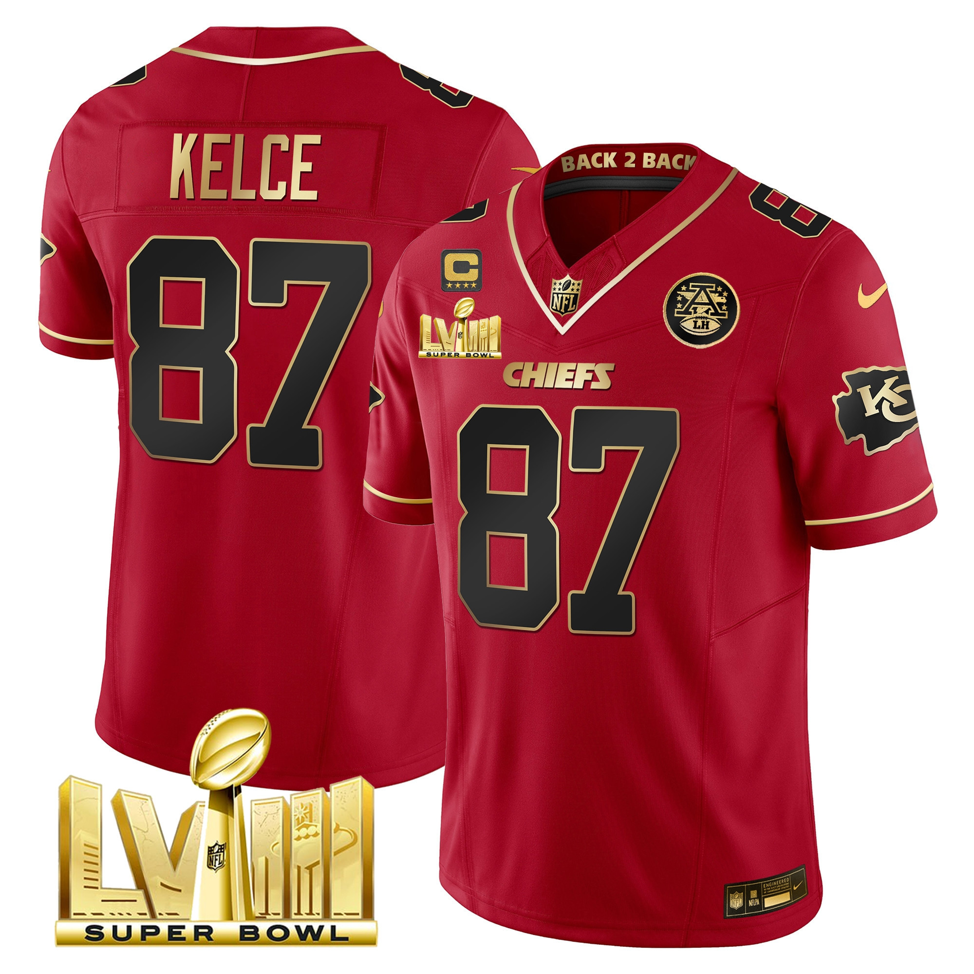 Travis Kelce Men's Kansas City Chiefs Super Bowl LVIII & Back 2 Back Gold Patch Vapor Red Special Jersey - All Stitched