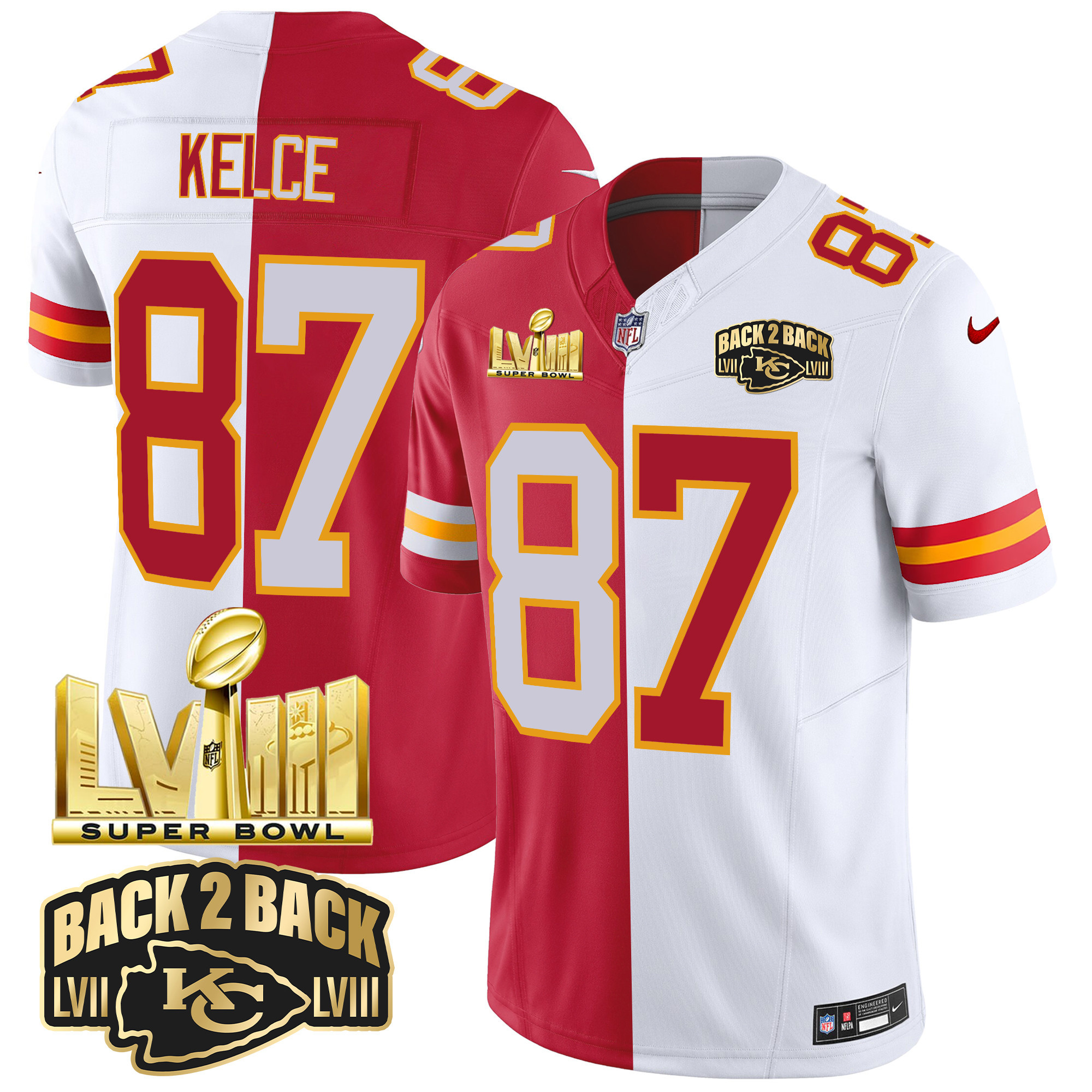 Travis Kelce Men's Kansas City Chiefs Super Bowl LVIII & Back 2 Back Gold Patch Vapor Split Jersey - All Stitched