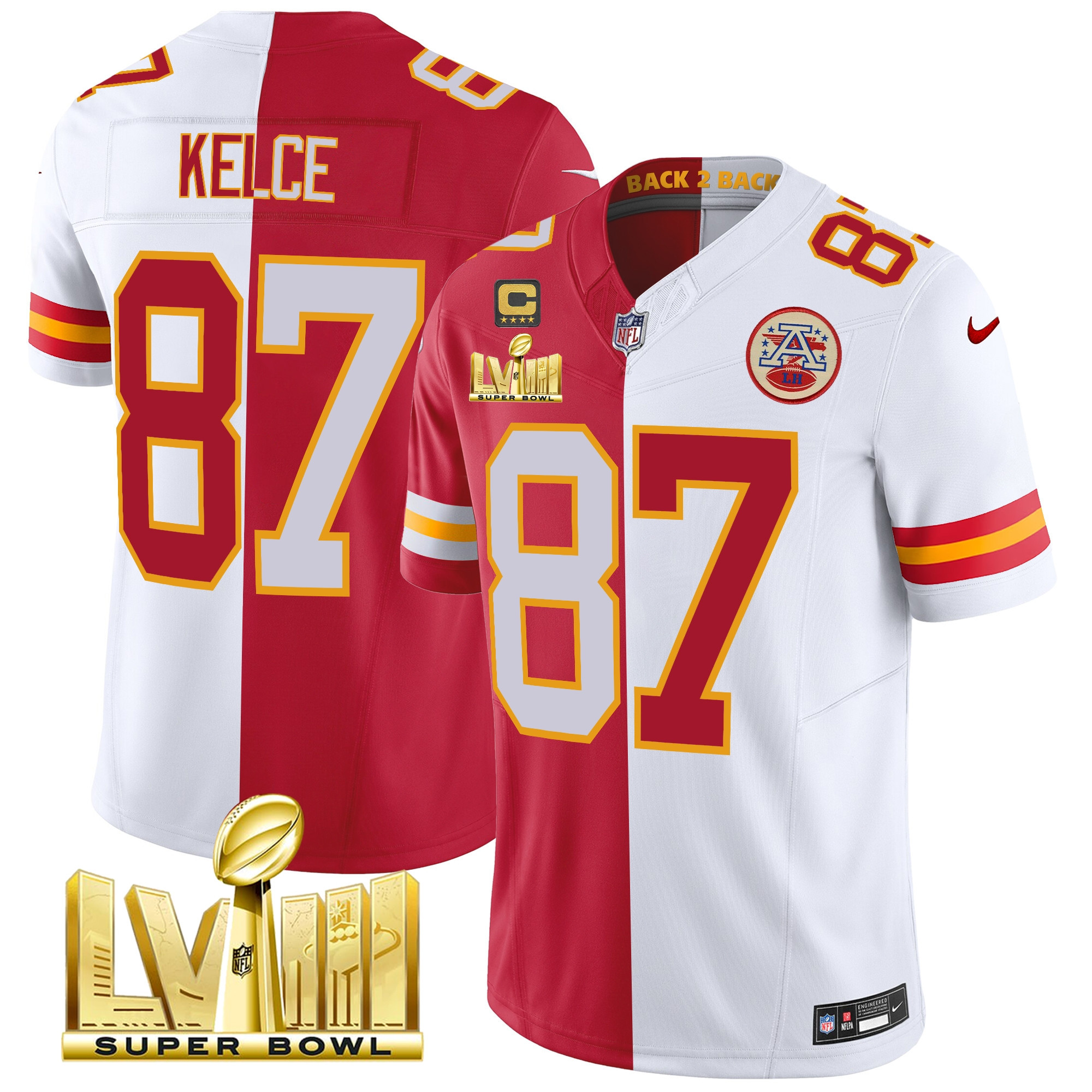 Travis Kelce Men's Kansas City Chiefs Super Bowl LVIII & Back 2 Back Gold Patch Vapor Split Jersey - All Stitched
