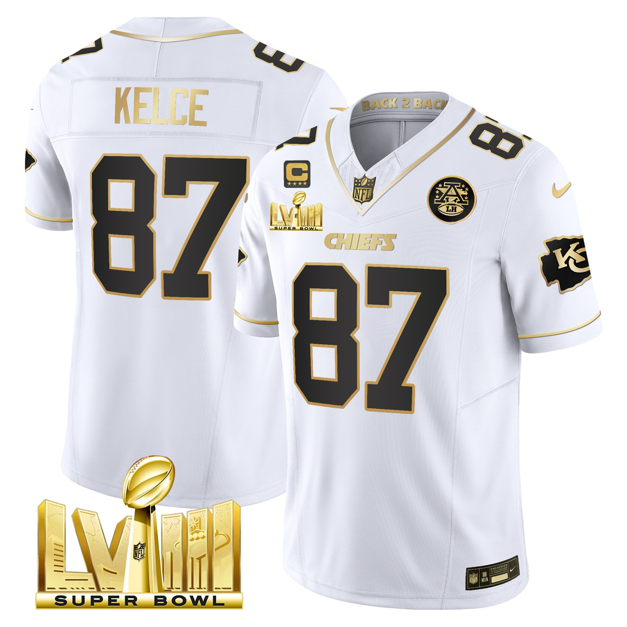 Travis Kelce Men's Kansas City Chiefs Super Bowl LVIII & Back 2 Back Gold Patch Vapor White Gold Jersey - All Stitched