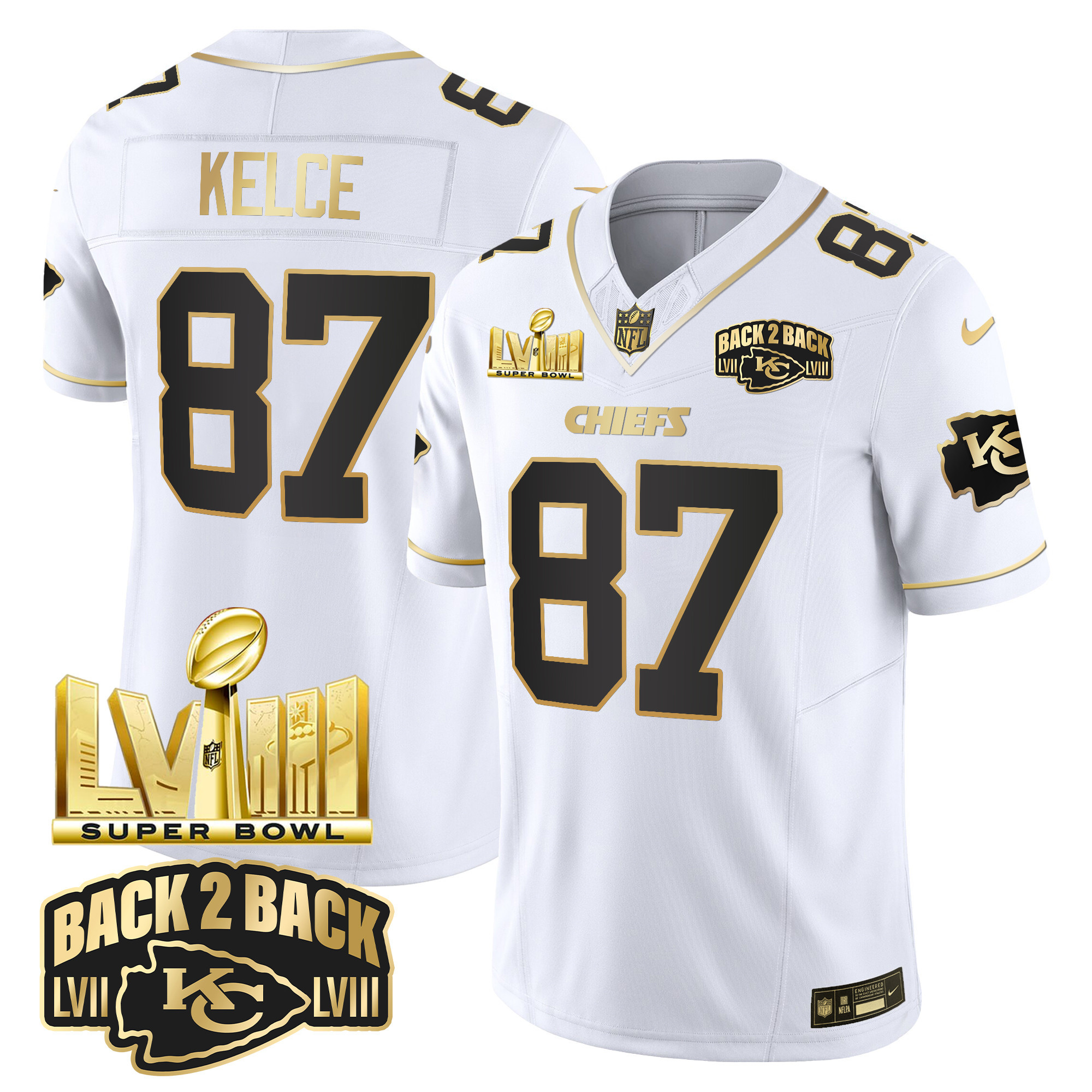Travis Kelce Men's Kansas City Chiefs Super Bowl LVIII & Back 2 Back Gold Patch Vapor White Gold Jersey - All Stitched