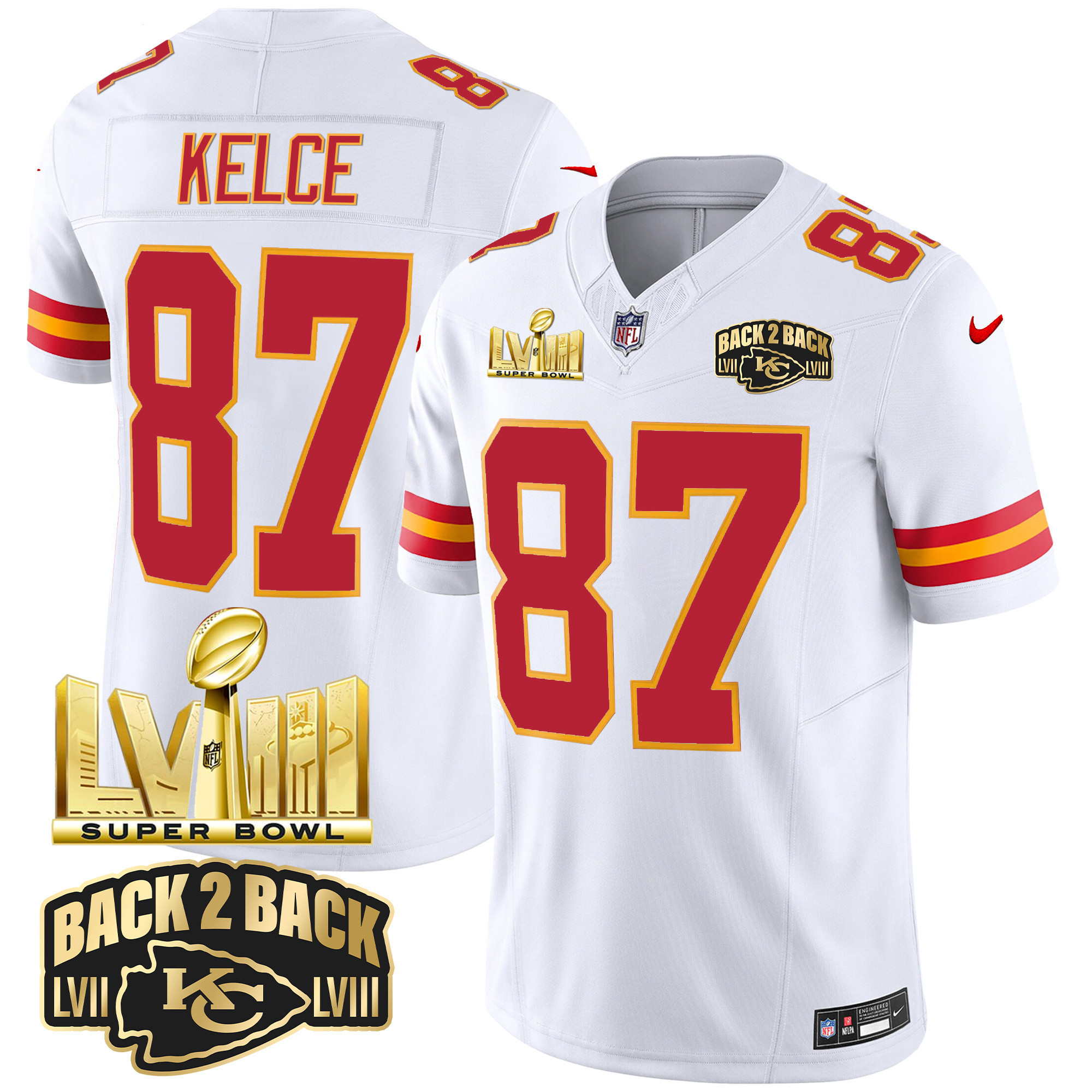 Travis Kelce Men's Kansas City Chiefs Super Bowl LVIII & Back 2 Back Gold Patch Vapor White Jersey - All Stitched
