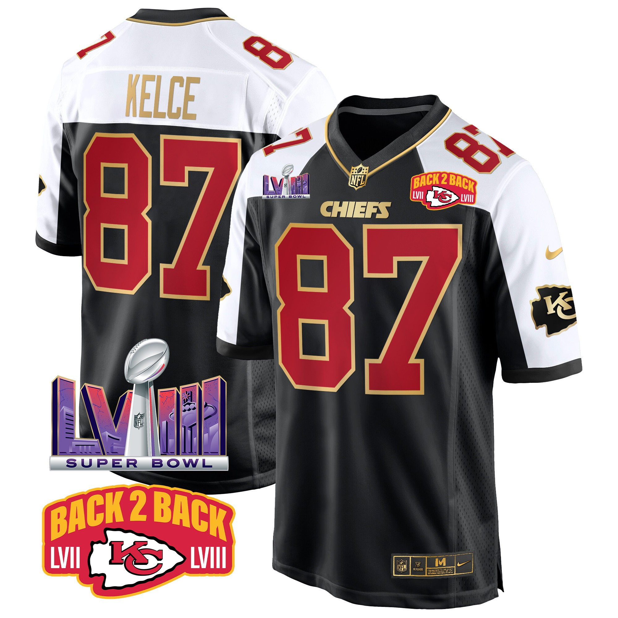 Travis Kelce Men's Kansas City Chiefs Super Bowl LVIII & Back 2 Back Patch Game Black Alternate Jersey - All Stitched