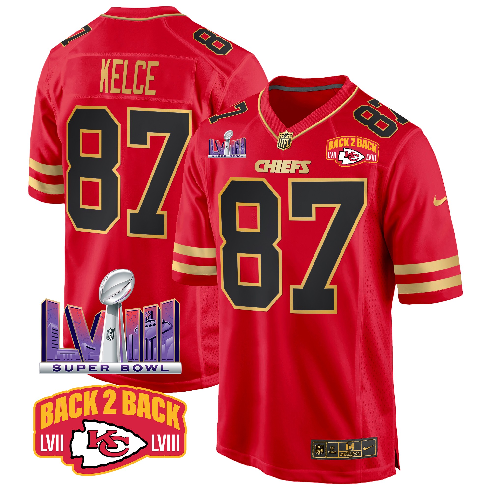 Travis Kelce Men's Kansas City Chiefs Super Bowl LVIII & Back 2 Back Patch Game Black Red Jersey - All Stitched
