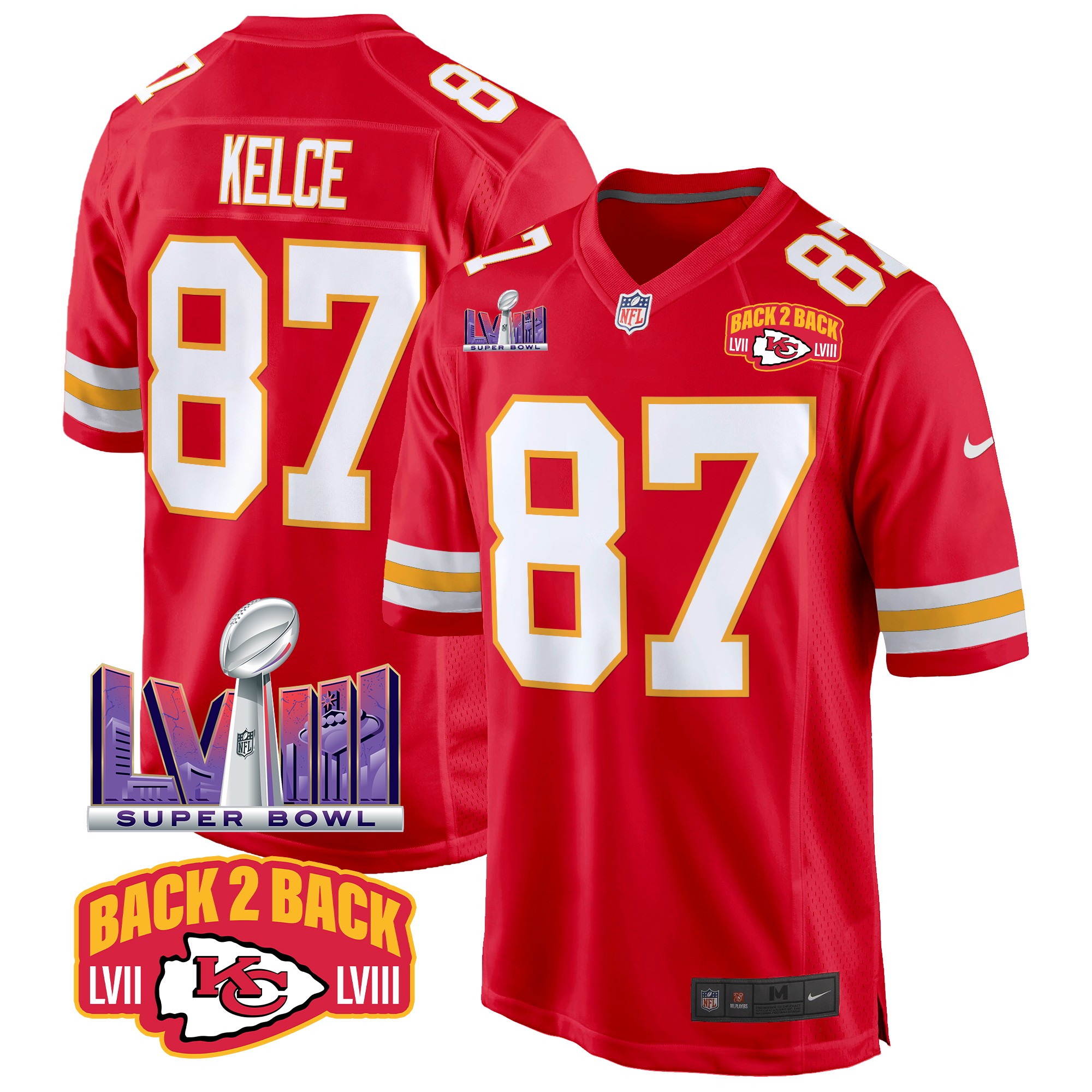 Travis Kelce Men's Kansas City Chiefs Super Bowl LVIII & Back 2 Back Patch Game Red Jersey - All Stitched