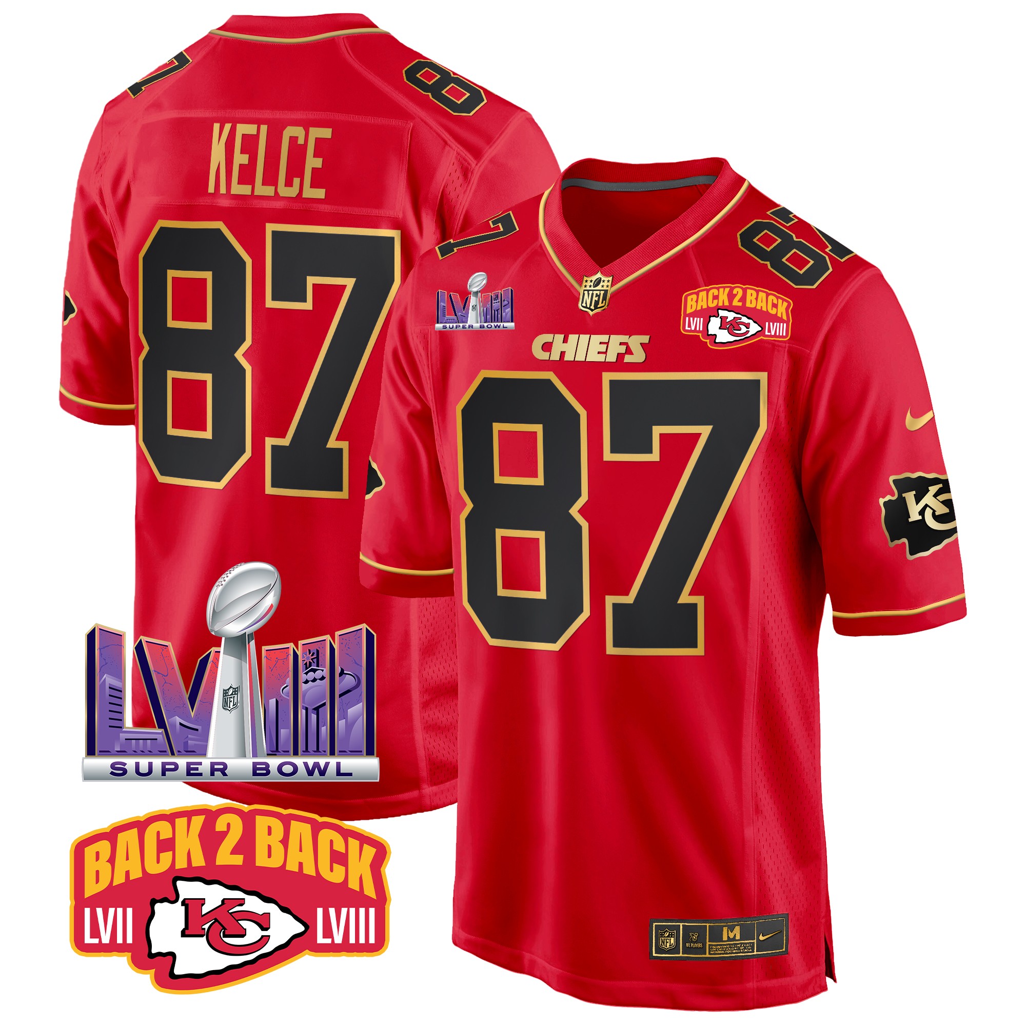 Travis Kelce Men's Kansas City Chiefs Super Bowl LVIII & Back 2 Back Patch Game Red Special Jersey - All Stitched