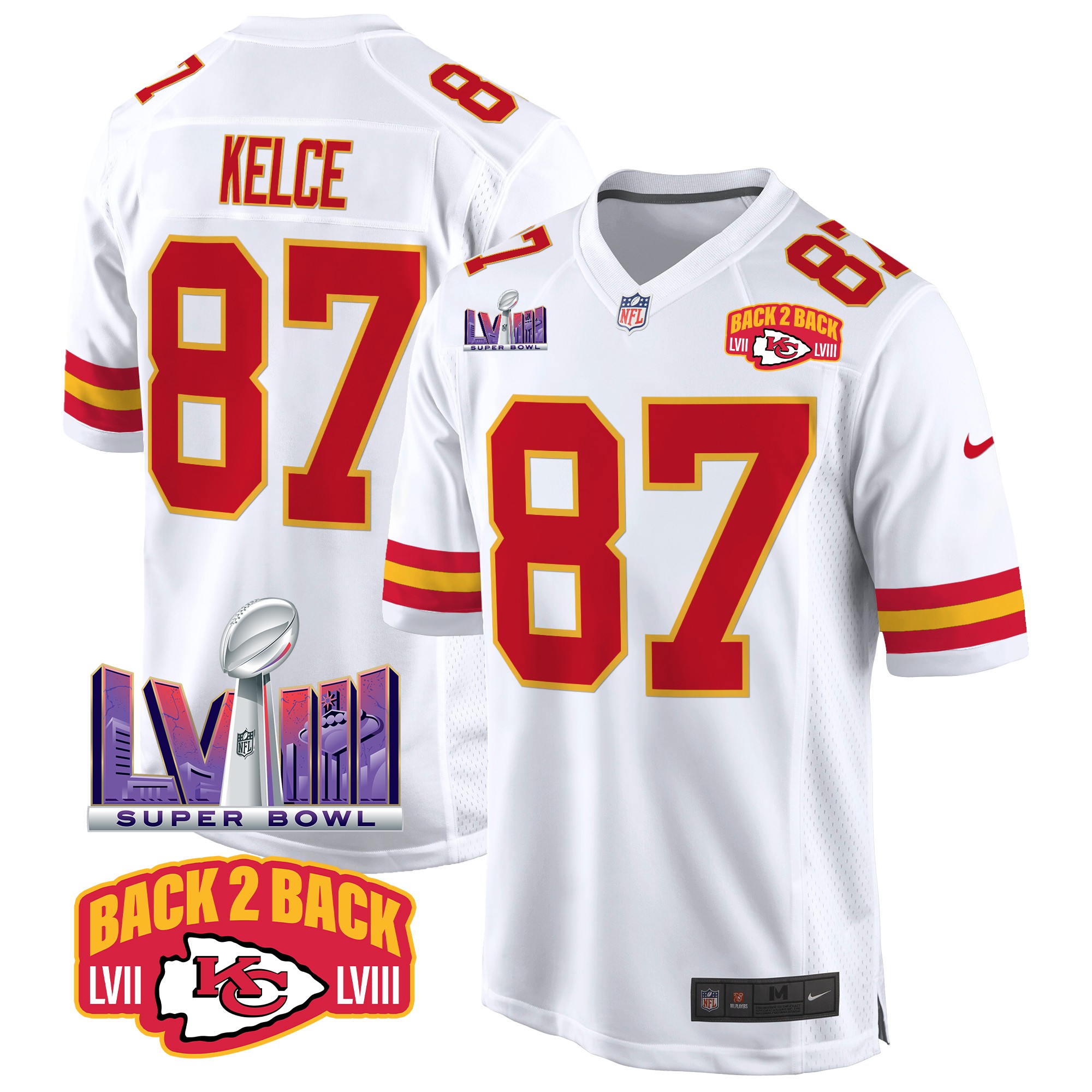 Travis Kelce Men's Kansas City Chiefs Super Bowl LVIII & Back 2 Back Patch Game White Jersey - All Stitched