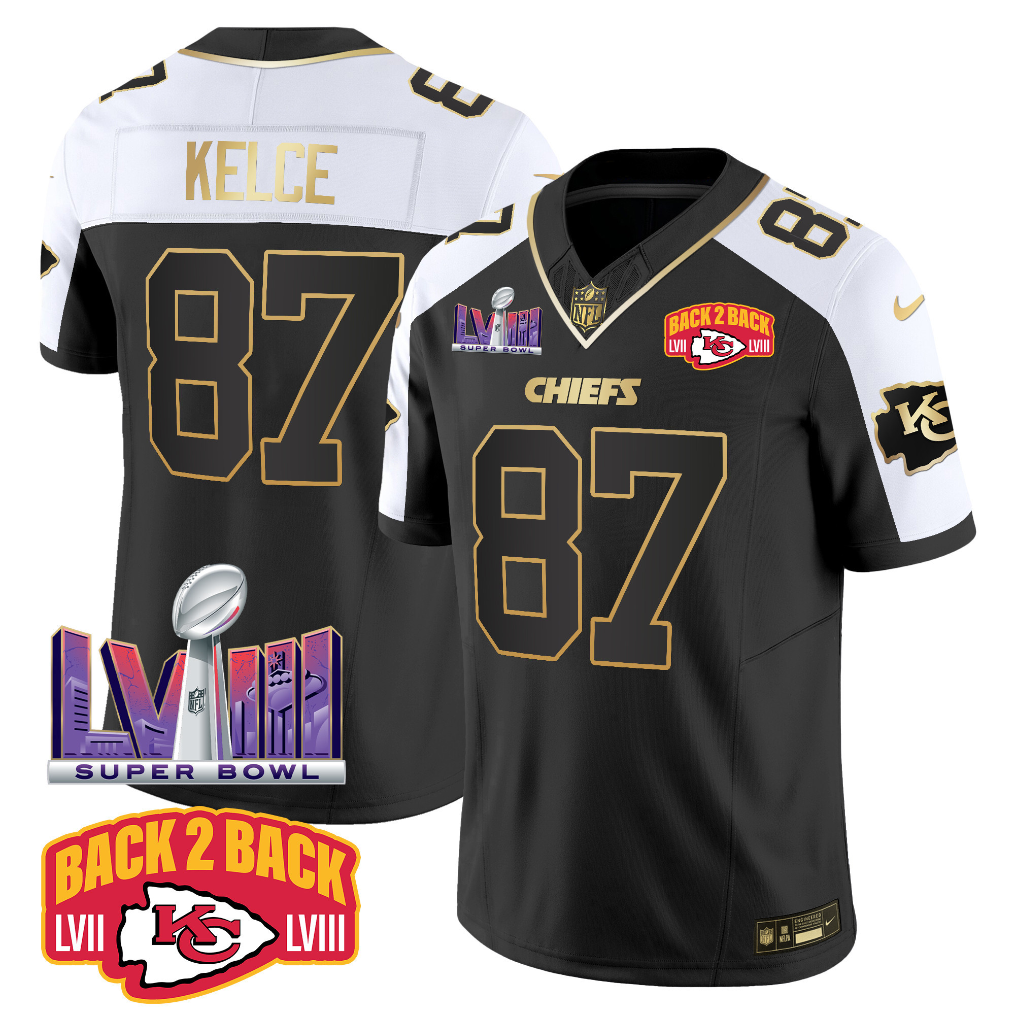 Travis Kelce Men's Kansas City Chiefs Super Bowl LVIII & Back 2 Back Patch Vapor Alternate Jersey - All Stitched