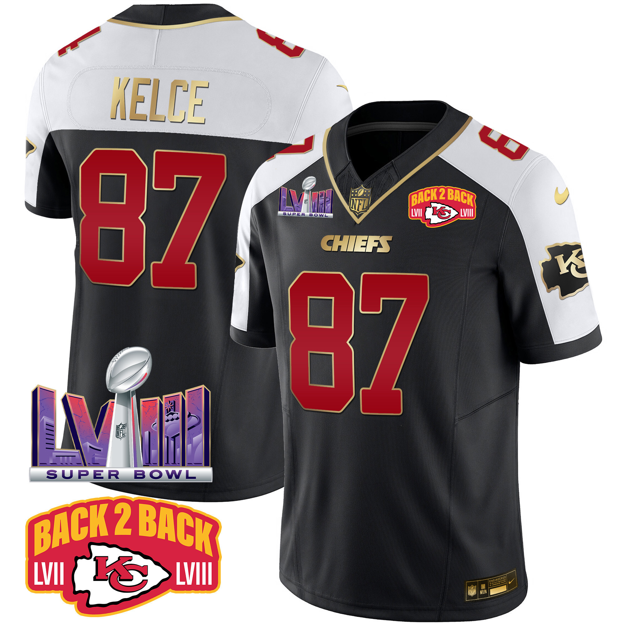 Travis Kelce Men's Kansas City Chiefs Super Bowl LVIII & Back 2 Back Patch Vapor Black Alternate Jersey - All Stitched