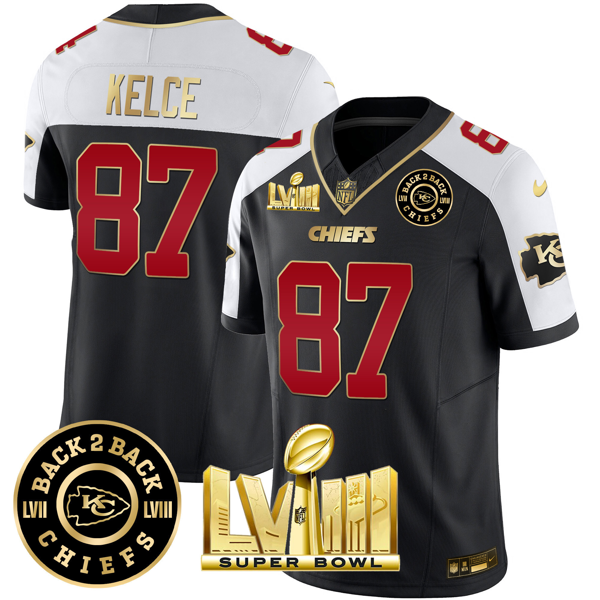 Travis Kelce Men's Kansas City Chiefs Super Bowl LVIII & Back 2 Back Patch Vapor Black Alternate Jersey - All Stitched