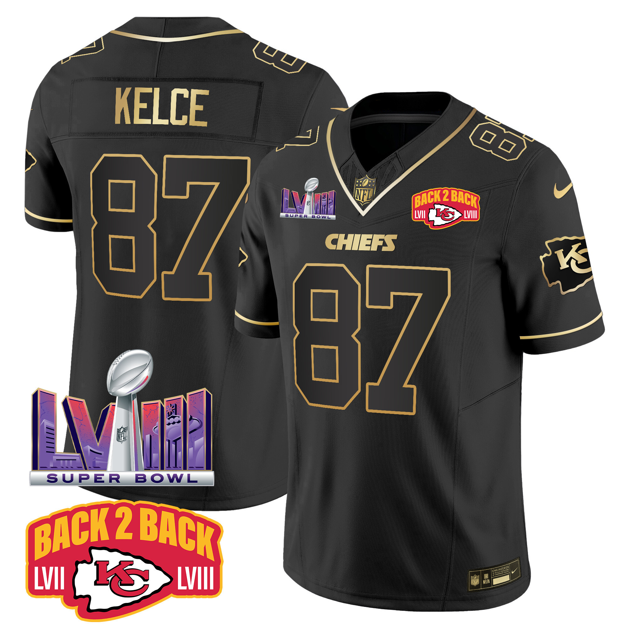 Travis Kelce Men's Kansas City Chiefs Super Bowl LVIII & Back 2 Back Patch Vapor Black Gold Jersey - All Stitched