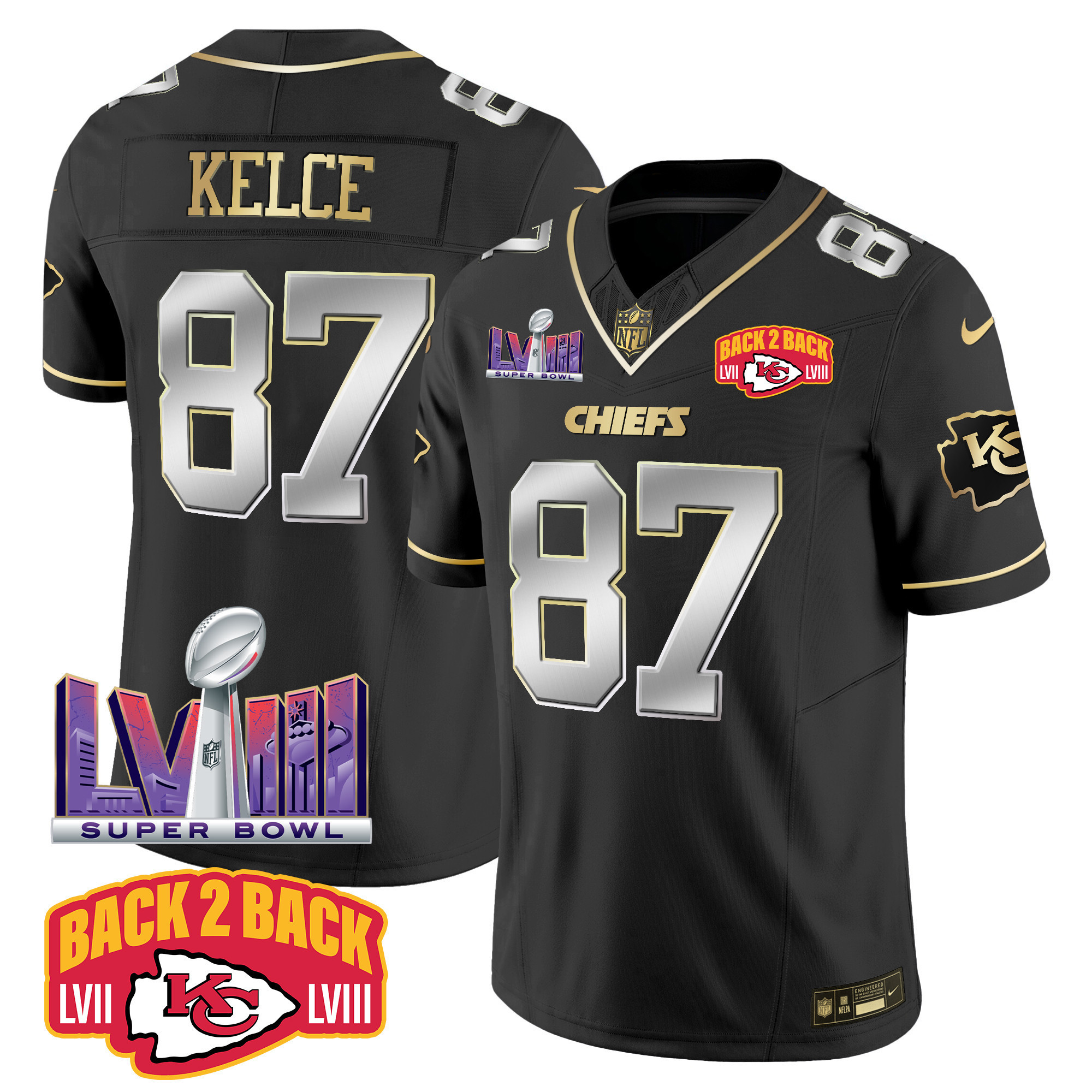 Travis Kelce Men's Kansas City Chiefs Super Bowl LVIII & Back 2 Back Patch Vapor Black Limited Jersey - All Stitched