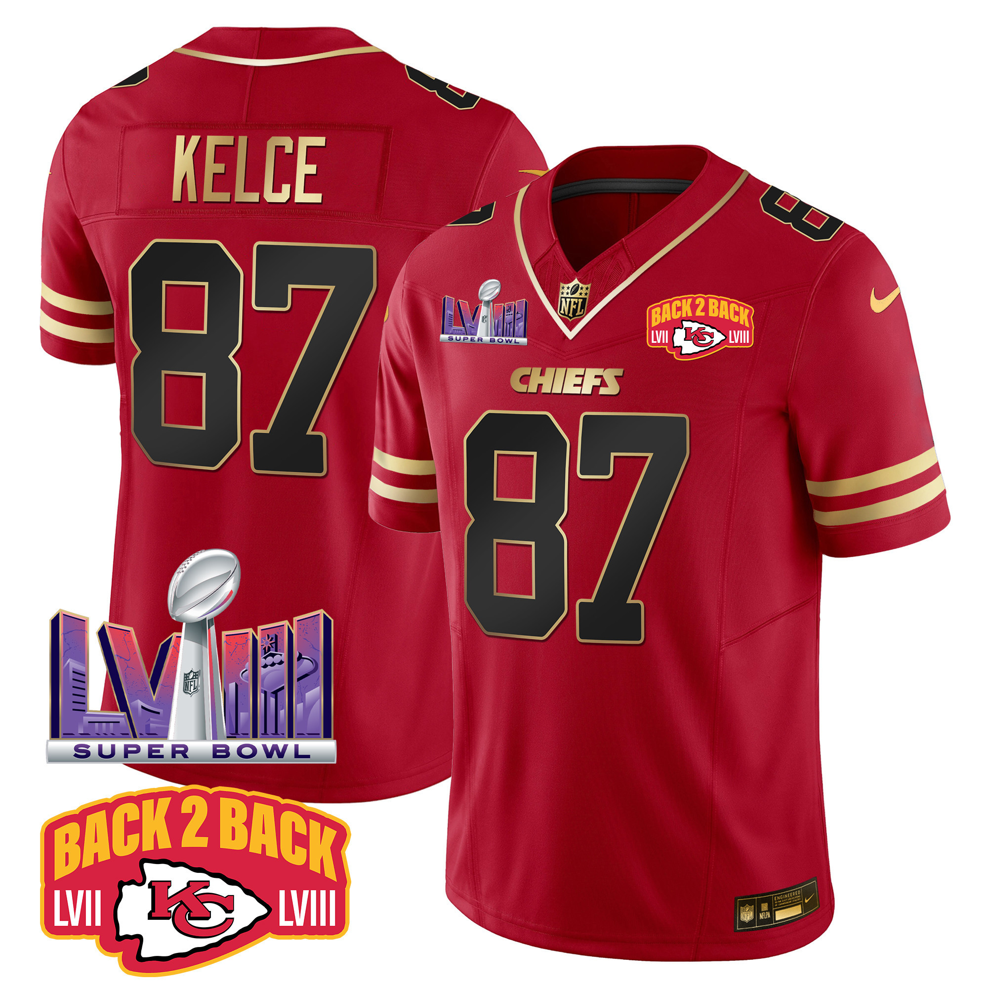 Travis Kelce Men's Kansas City Chiefs Super Bowl LVIII & Back 2 Back Patch Vapor Black Red Jersey - All Stitched
